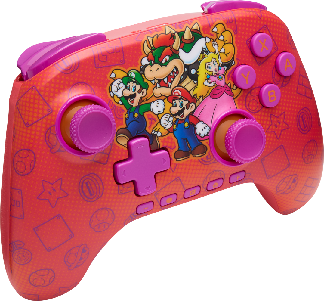 Egy piros Nintendo Switch kontroller Mario karakterekkel. Luigi, Mario, Bowser és Peach látható. A gombok és a joystick lila.