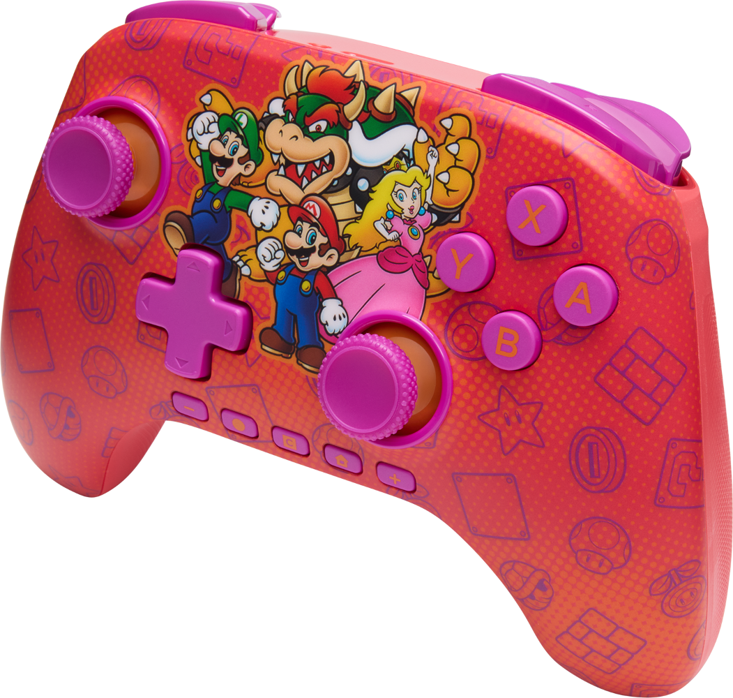 Egy piros Nintendo Switch vezérlő Mario karakterekkel. A vezérlő gombokkal és joystickokkal rendelkezik. A karakterek közé tartozik Mario, Luigi és Peach.
