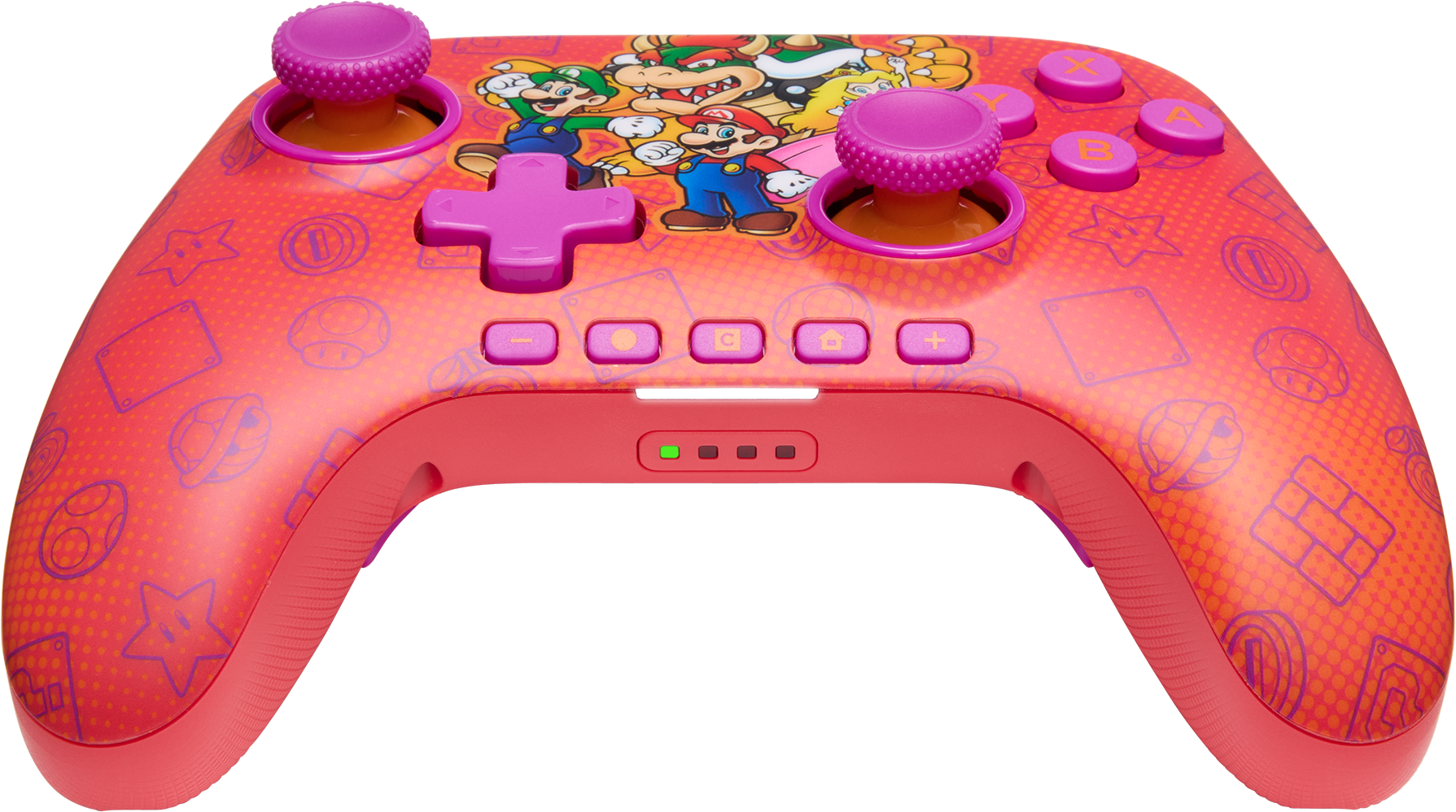 Egy rózsaszín Nintendo Switch vezérlő. Mario karaktereket, lila gombokat és játékkon ikonokat tartalmaz.