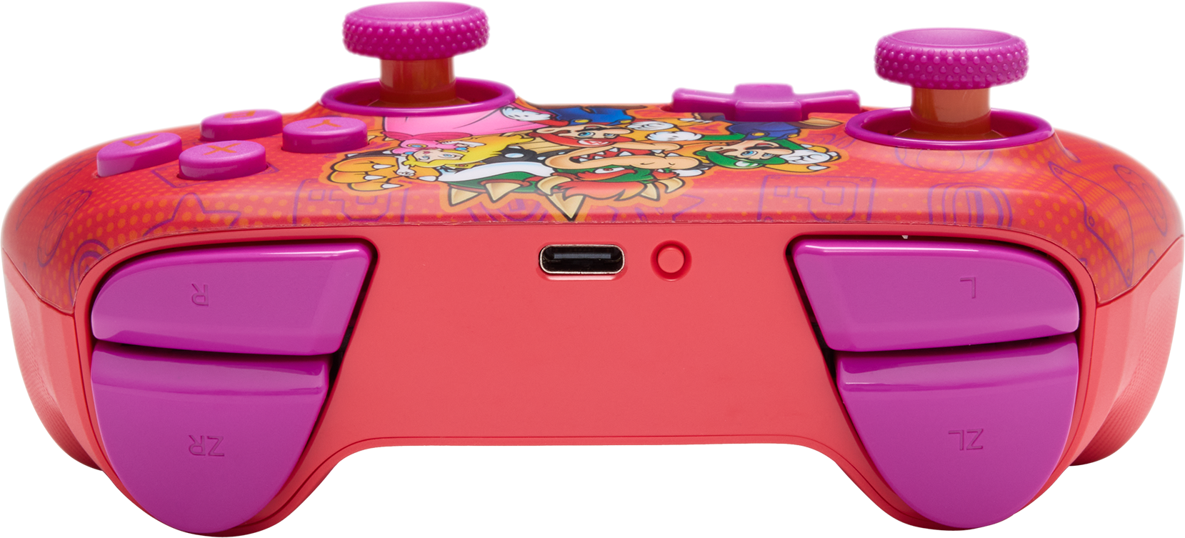 Egy piros Switch-kontroller Mario karakterekkel. Rózsaszín gombok és joystickok vannak rajta. A dizájn Mario-t és barátait ábrázolja.