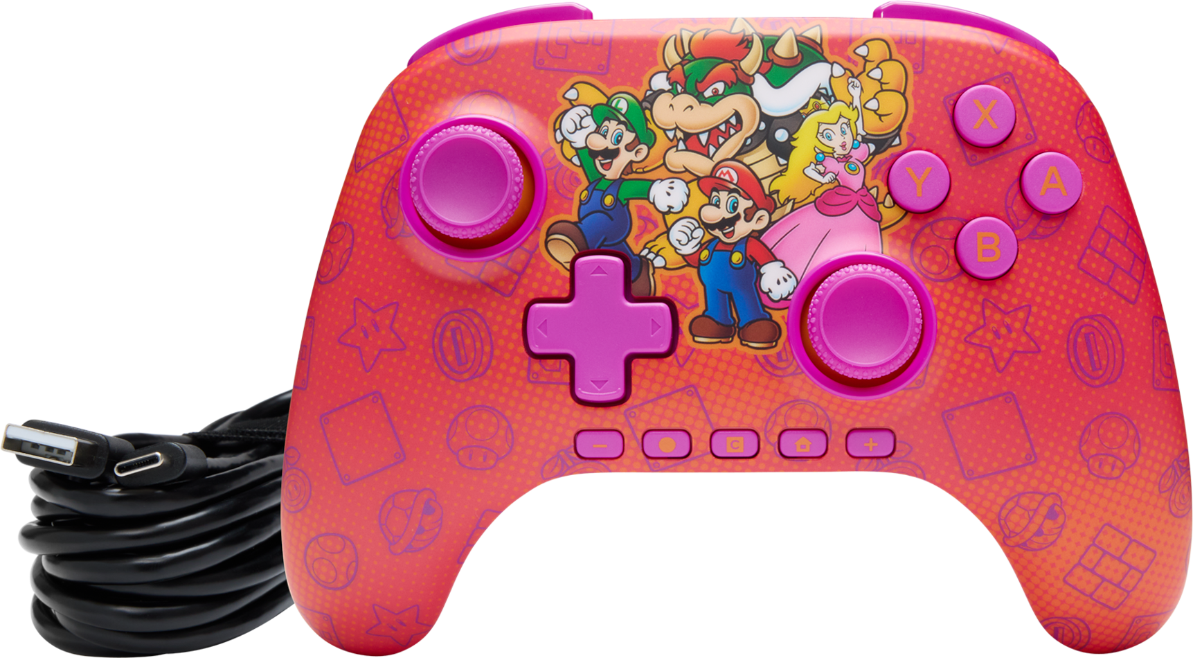 Egy piros Nintendo Switch kontroller Mario karakterekkel, gombokkal és USB-kábellel.