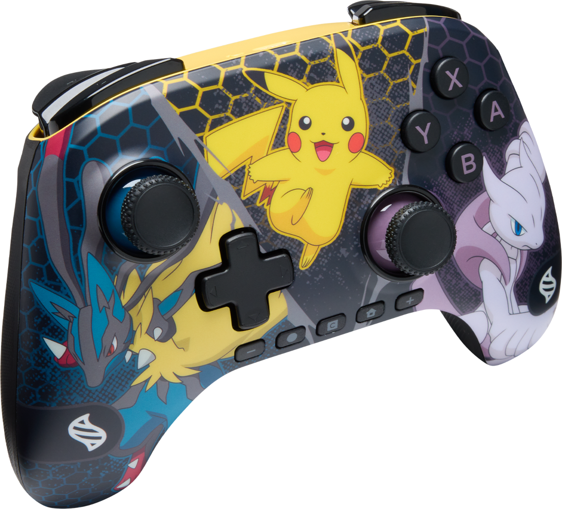 Egy Pokémon témájú vezérlő. Pikachut, Mewtwo-t és Lucariót ábrázol. A gombok X, Y, A és B felirattal vannak ellátva. A háttér fekete.