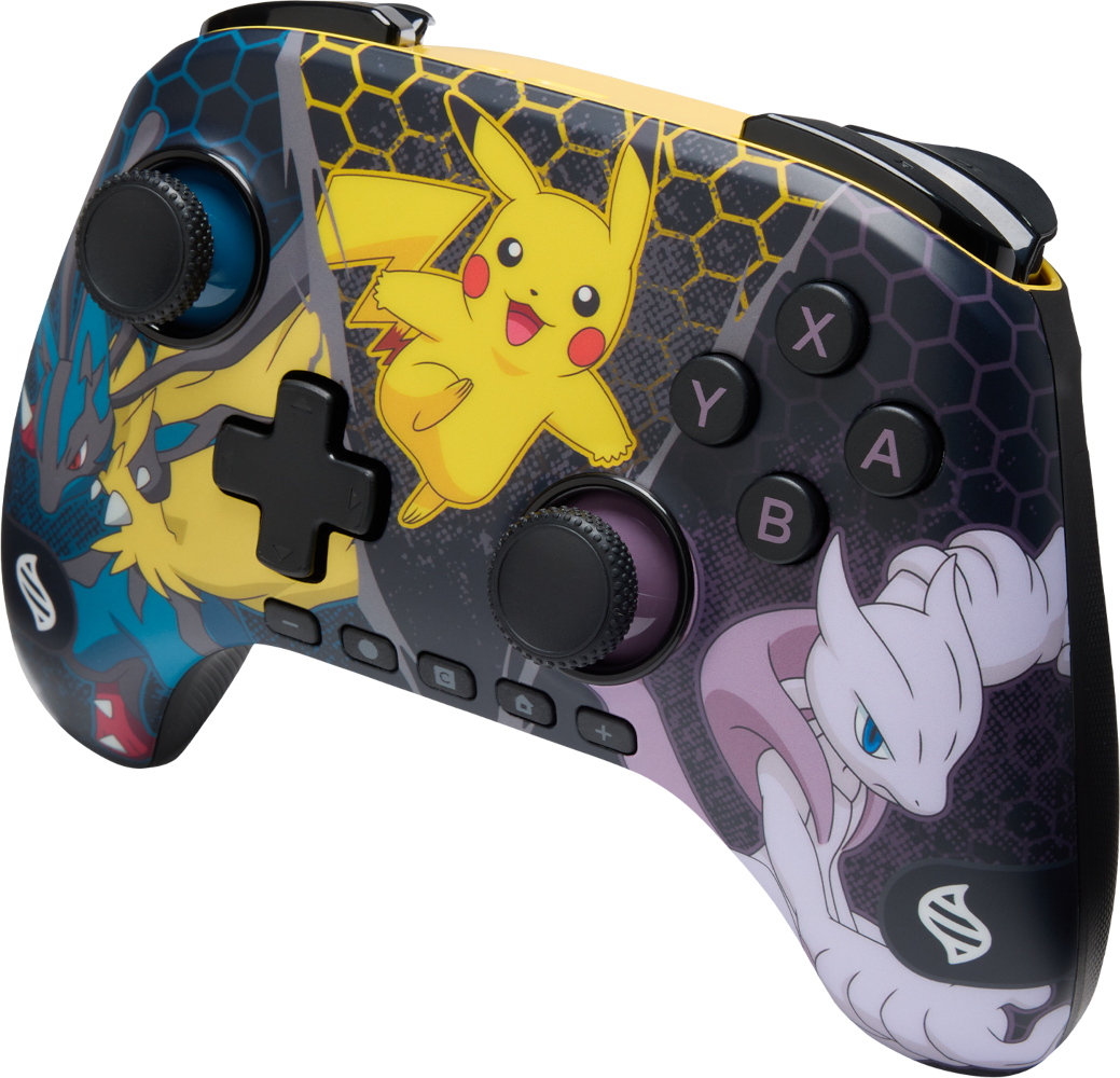 Egy Pokémon témájú játékvezérlő. Pikachut, Lucariót és Mewtwo-t ábrázol. A vezérlő gombokkal és joystick-okkal rendelkezik.