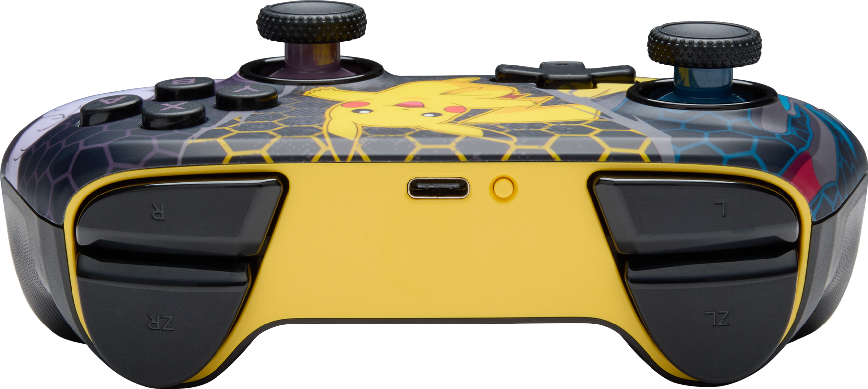 Sárga-fekete Nintendo Switch kontroller. Pikachu dizájn, fekete gombok, analóg karok és USB-C port.