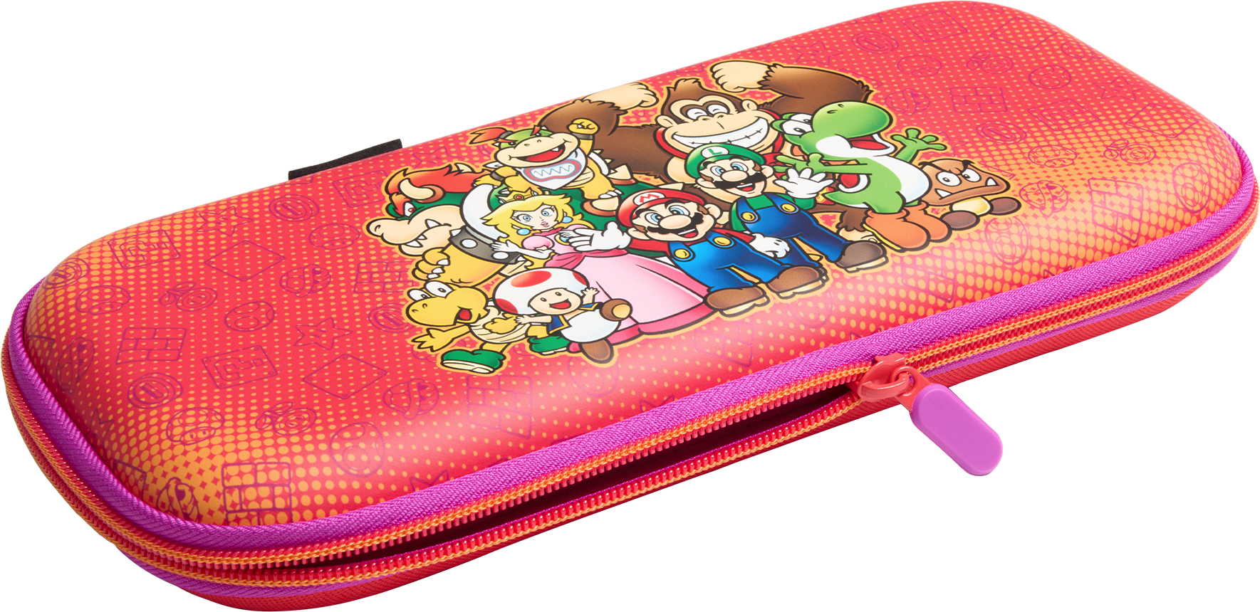 Egy piros Nintendo Switch tok Mario karakterekkel. Cipzárral és rózsaszín fogantyúval.