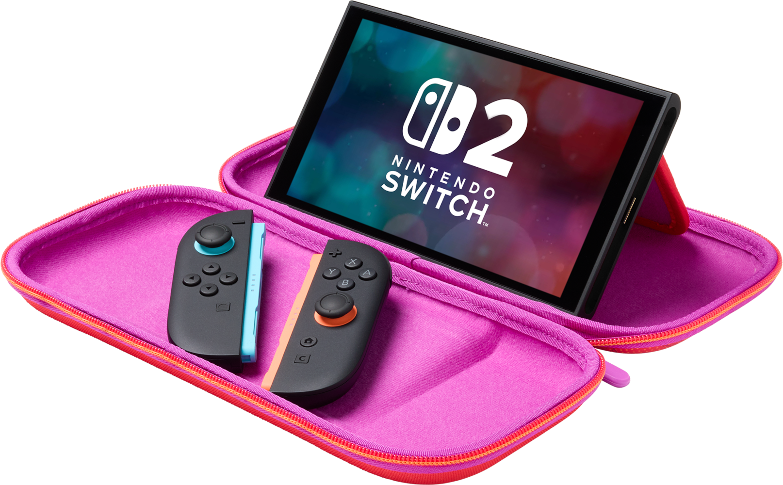 Nintendo Switch konzol rózsaszín tokban. A konzol, két Joy-Con és egy képernyő látható, rajta a 'Nintendo Switch'.