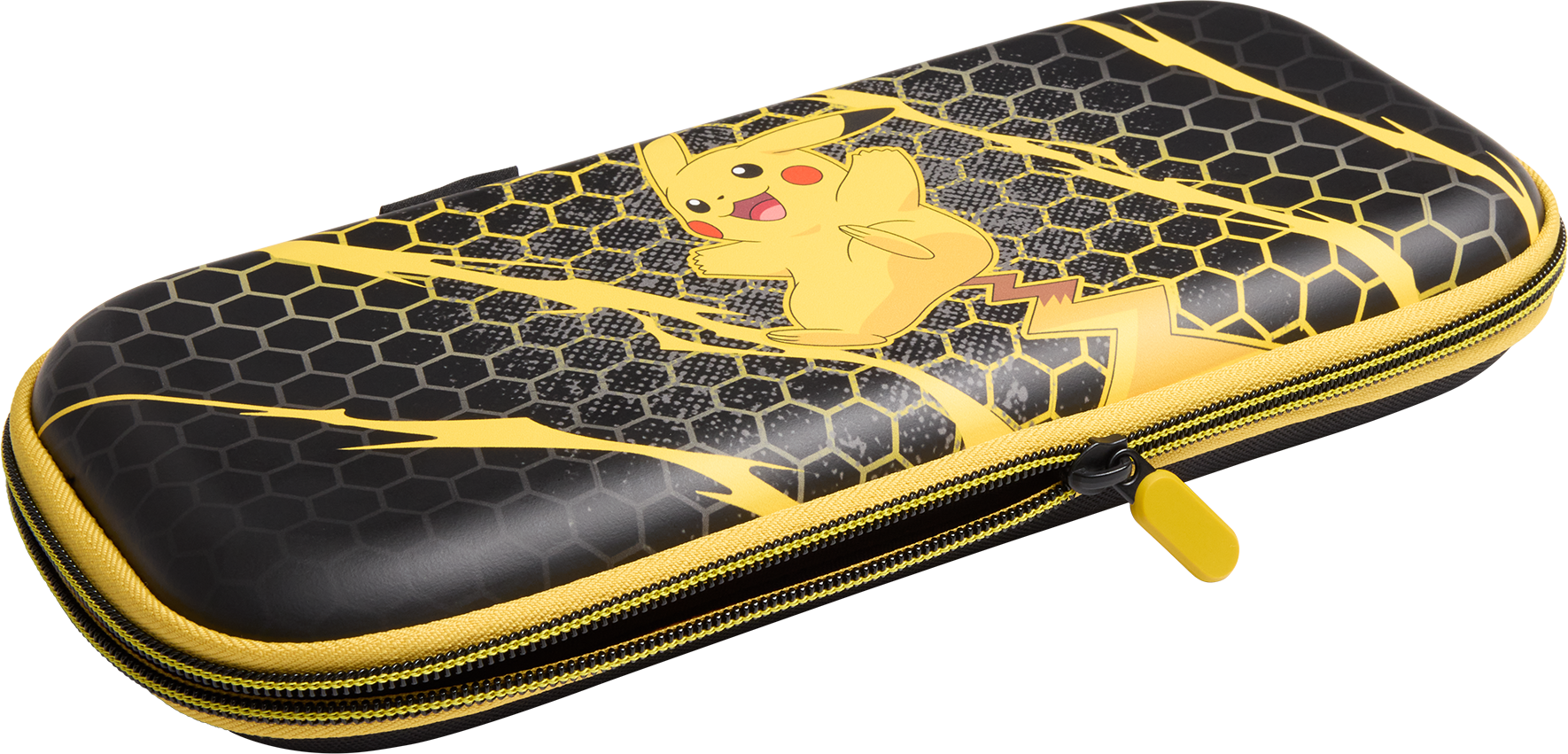 Egy fekete-sárga Nintendo Switch tok Pikachu dizájnnal. Cipzárral és sárga húzókával rendelkezik.