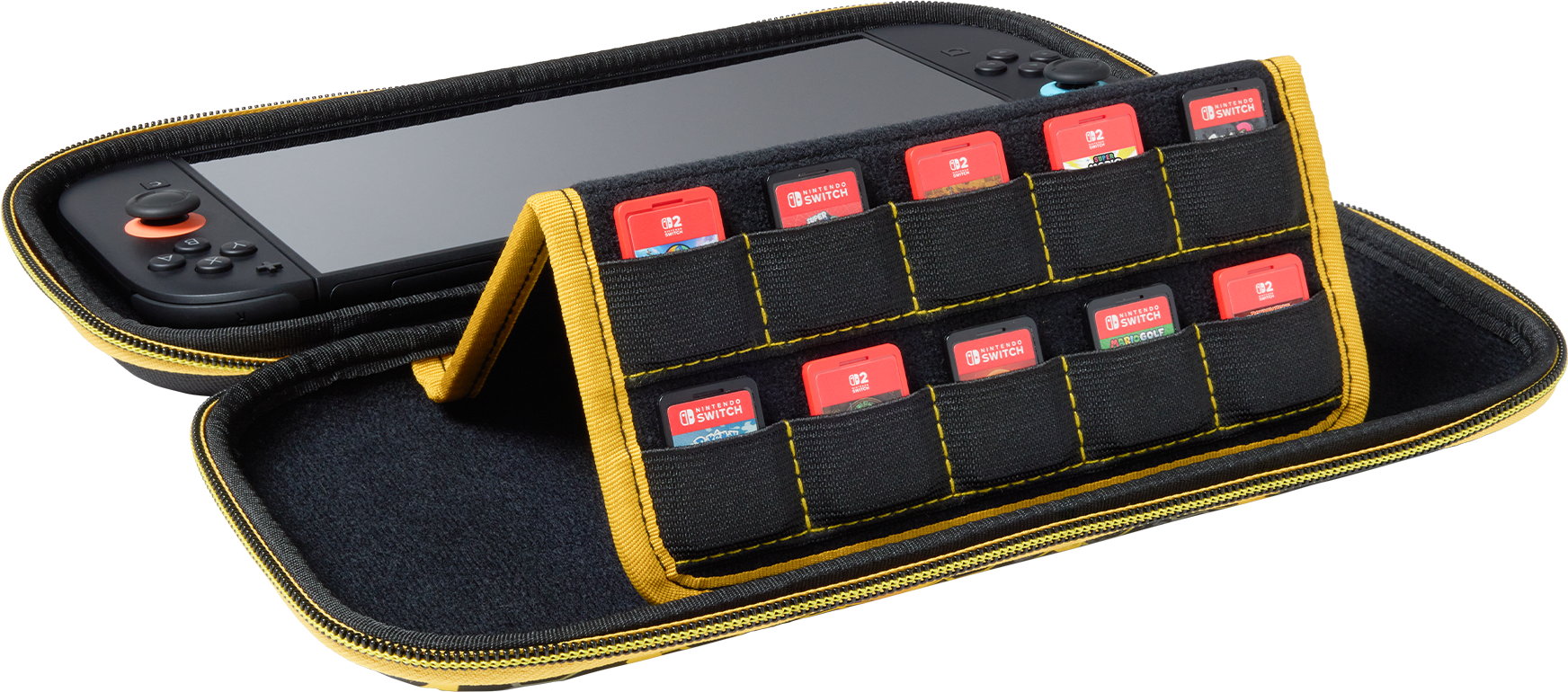 Nyitott fekete Switch tok Switch-csel belül és játékkazettákkal egy sárga bélelésű rekeszben.