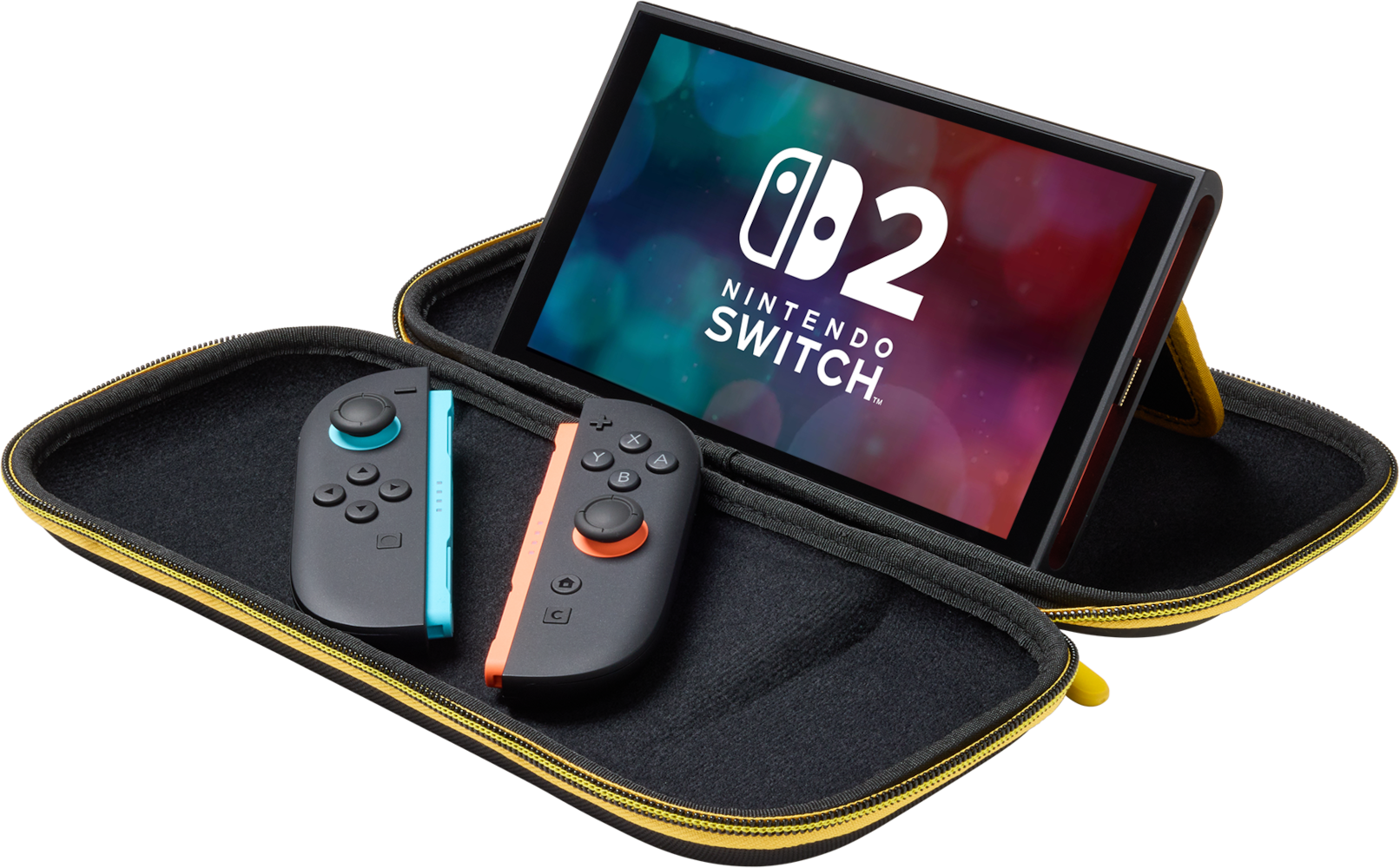 Nintendo Switch tokban, csatlakoztatott vezérlőkkel, fekete és narancssárga. A képernyőn a Nintendo Switch logója látható.