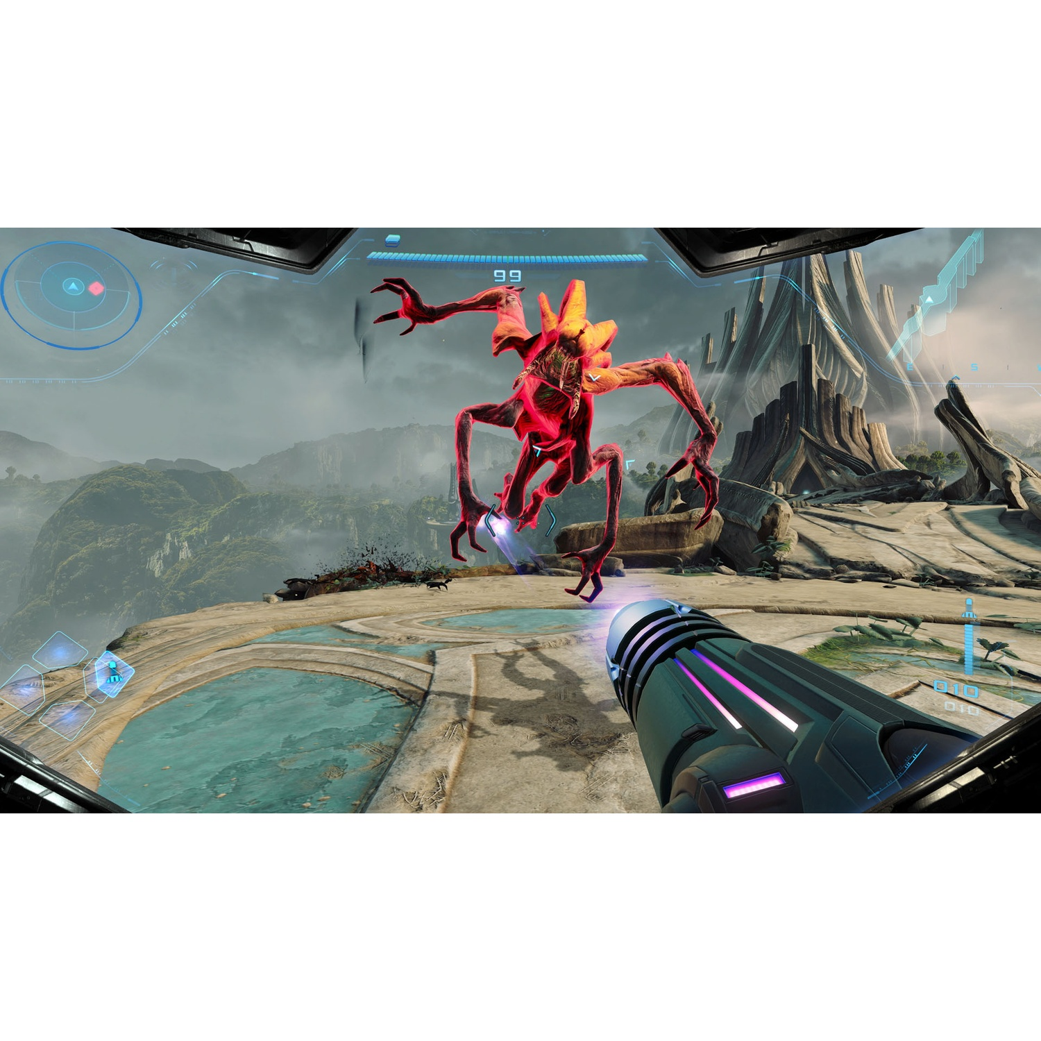A first-person view of a sci-fi game shows a red alien creature, a gun, and a futuristic landscape with a cloudy sky.