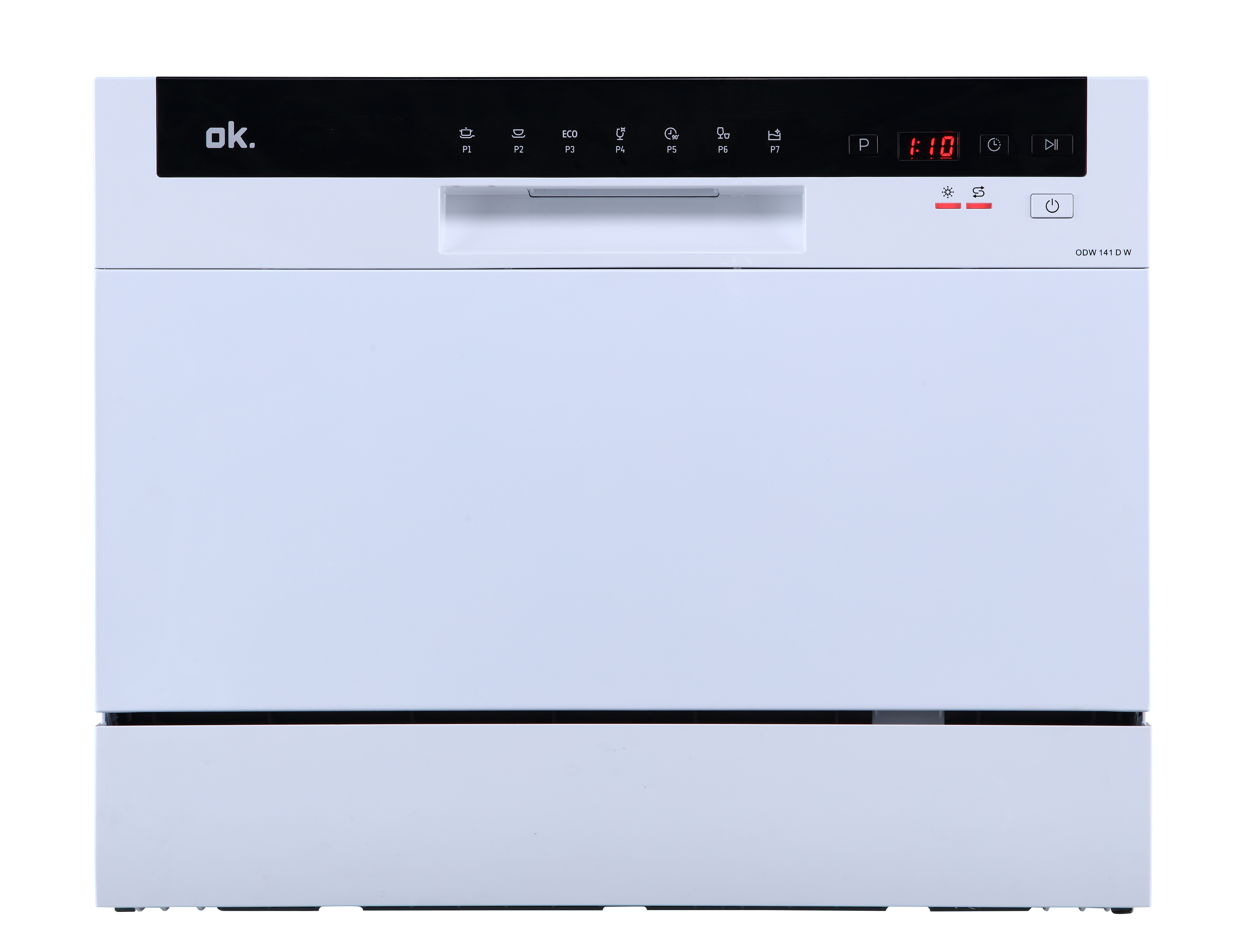 Ein weißer OK-Geschirrspüler mit Knöpfen, einer Digitalanzeige, die 1:10 zeigt, und Symbolen. Das Design ist modern und sauber.