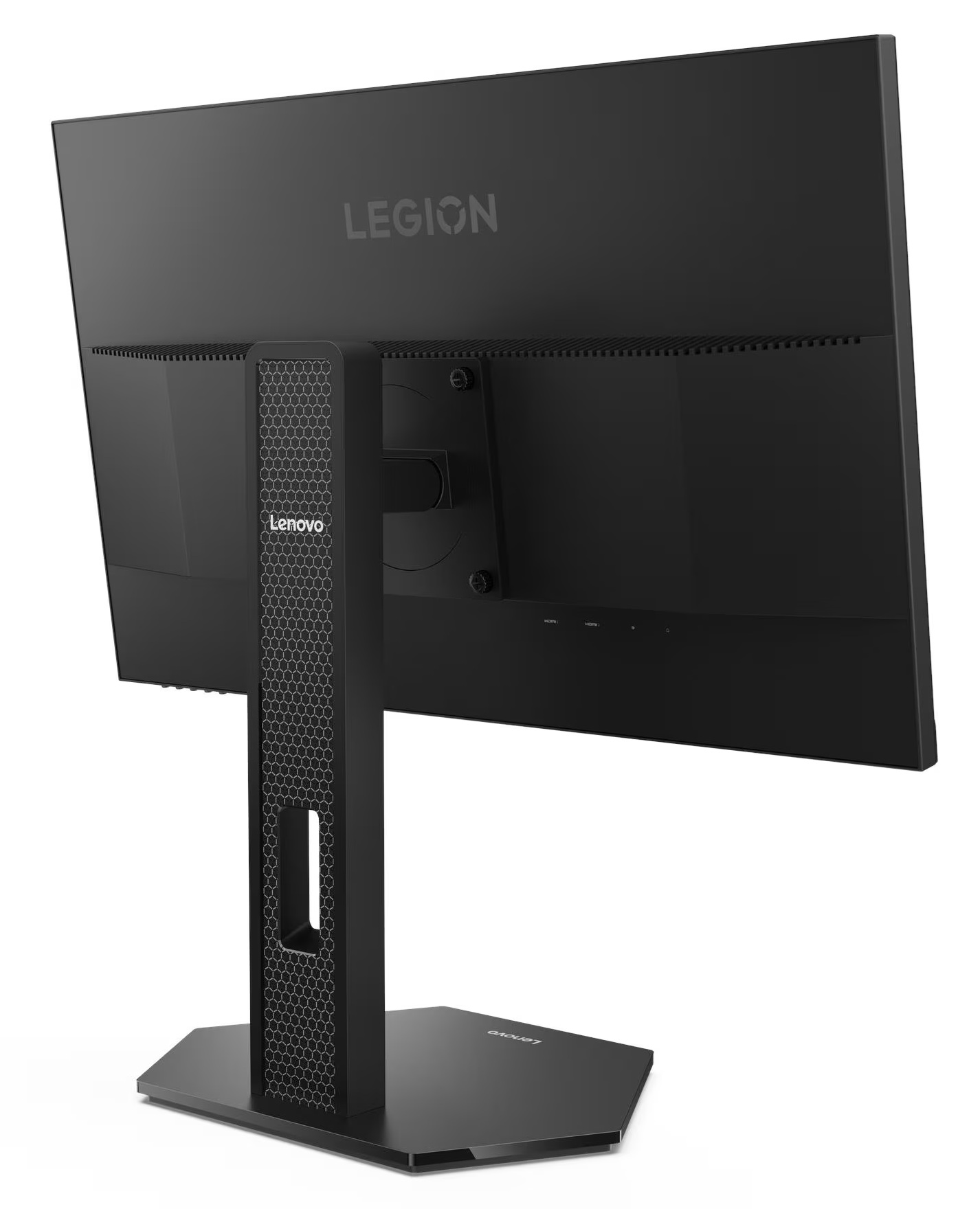 Czarny monitor Lenovo Legion, widok z tyłu. Zawiera logo Legion, markę Lenovo i wzór plastra miodu na podstawie.