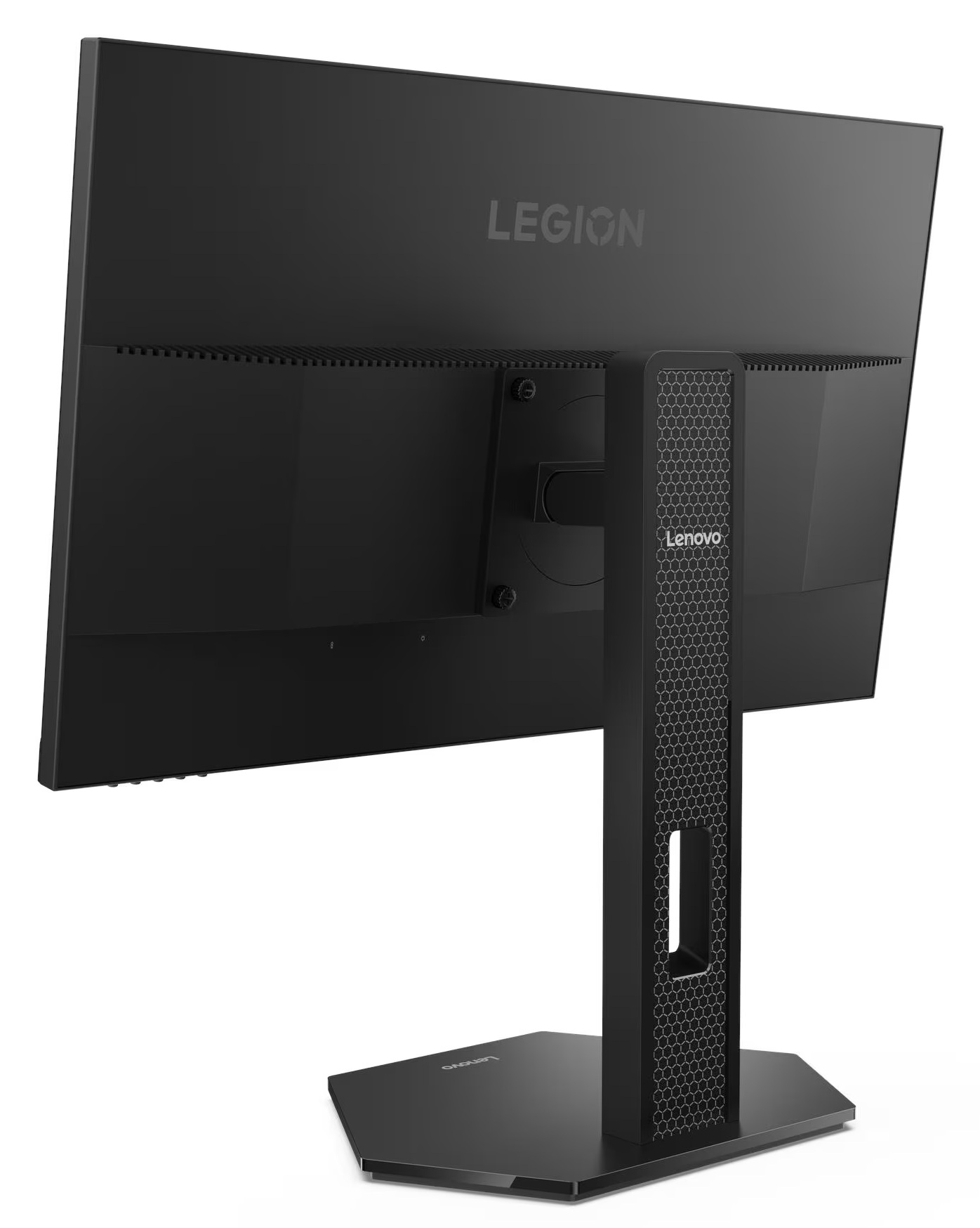 Czarny monitor Lenovo Legion. Widoczny jest tył, pokazujący stojak i logo Legion. Stojak ma wzór plastra miodu.