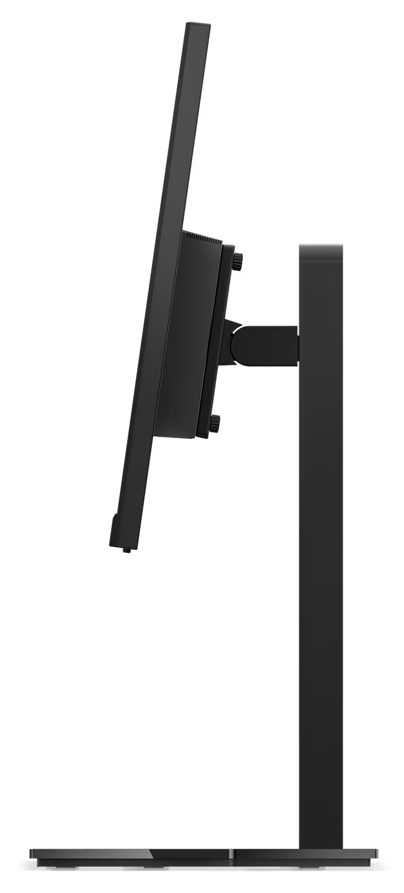 Czarny monitor komputera na białym tle. Monitor jest ustawiony pod kątem. Jego podstawa to pionowy filar.