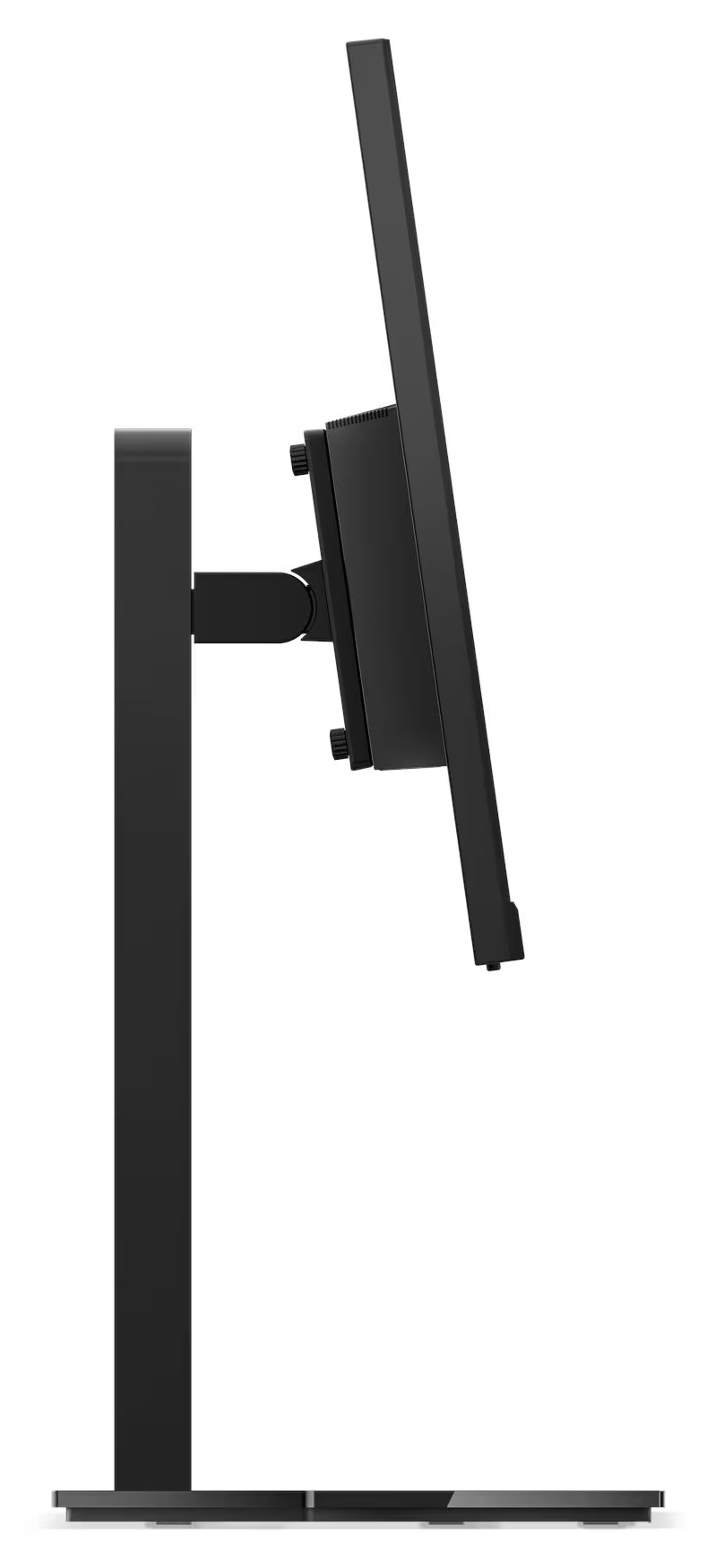 Czarny monitor komputera, widok z boku, na białym tle. Stojak jest również czarny i ma prostokątną podstawę.