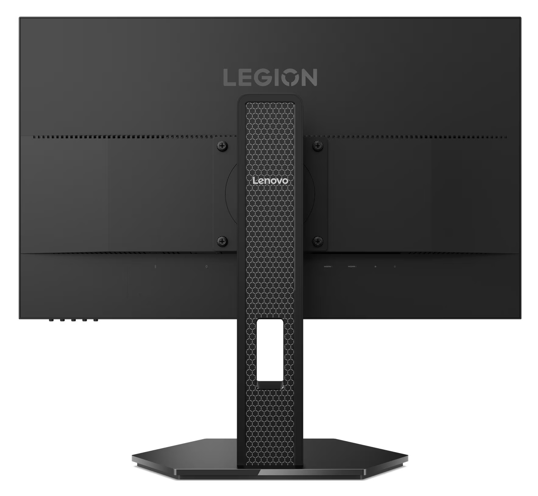 Tył czarnego monitora Lenovo Legion. Podstawa jest przymocowana do ekranu. Widoczne jest logo Lenovo.