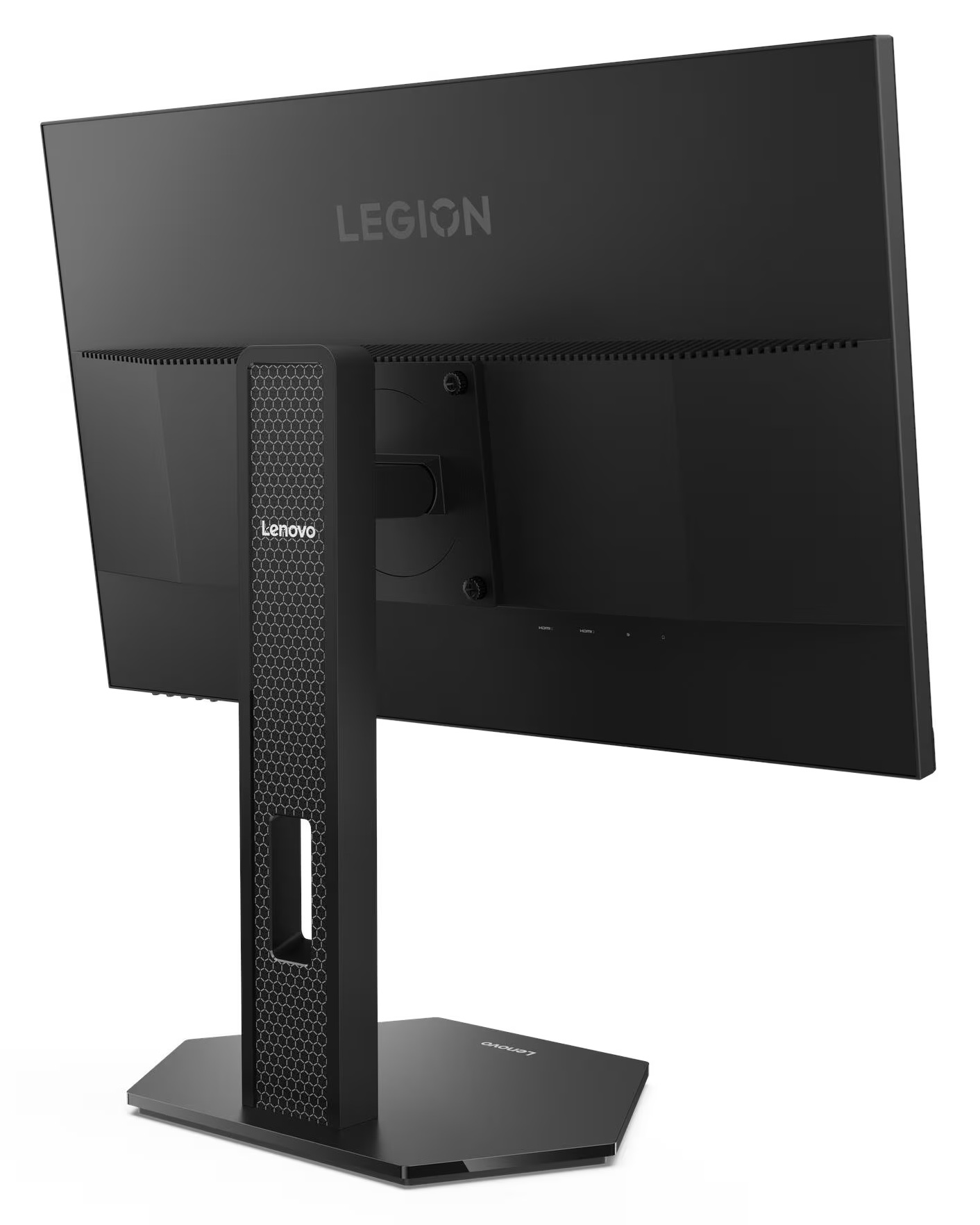 Tył czarnego monitora Lenovo Legion. Ma podstawę z wzorem plastra miodu i logo Legion na górze.