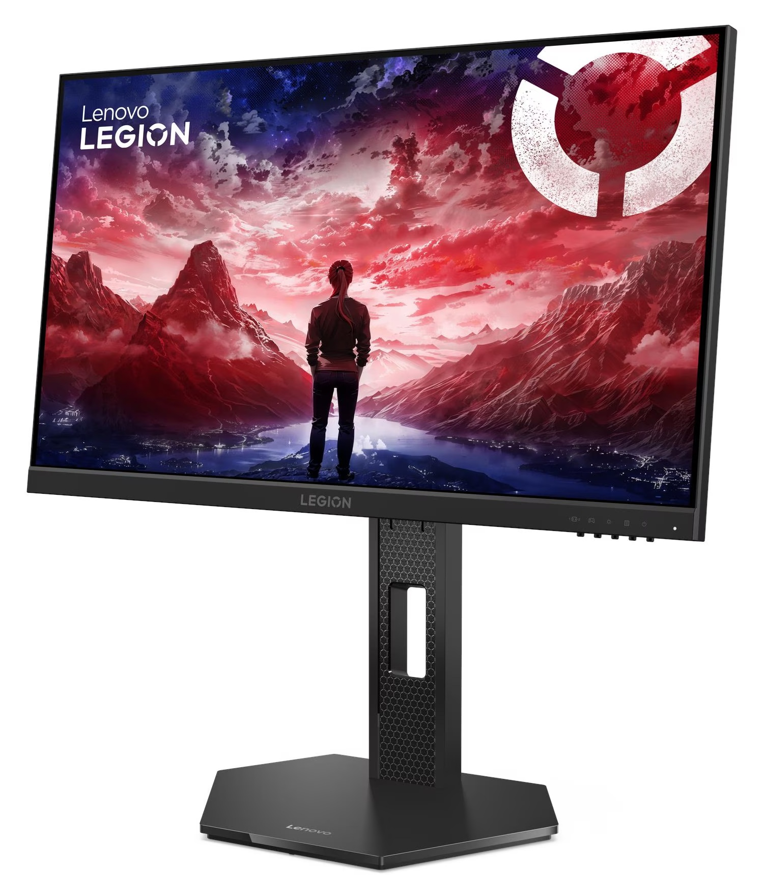 Monitor Lenovo Legion wyświetla osobę patrzącą na czerwony krajobraz. Monitor i stojak są czarne.