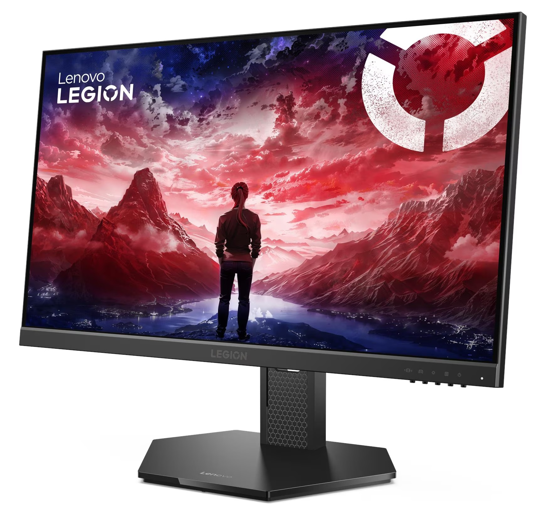 Monitor Lenovo Legion. Osoba stoi przed krajobrazem z górami i czerwonym niebem. Obecne logo Legion.