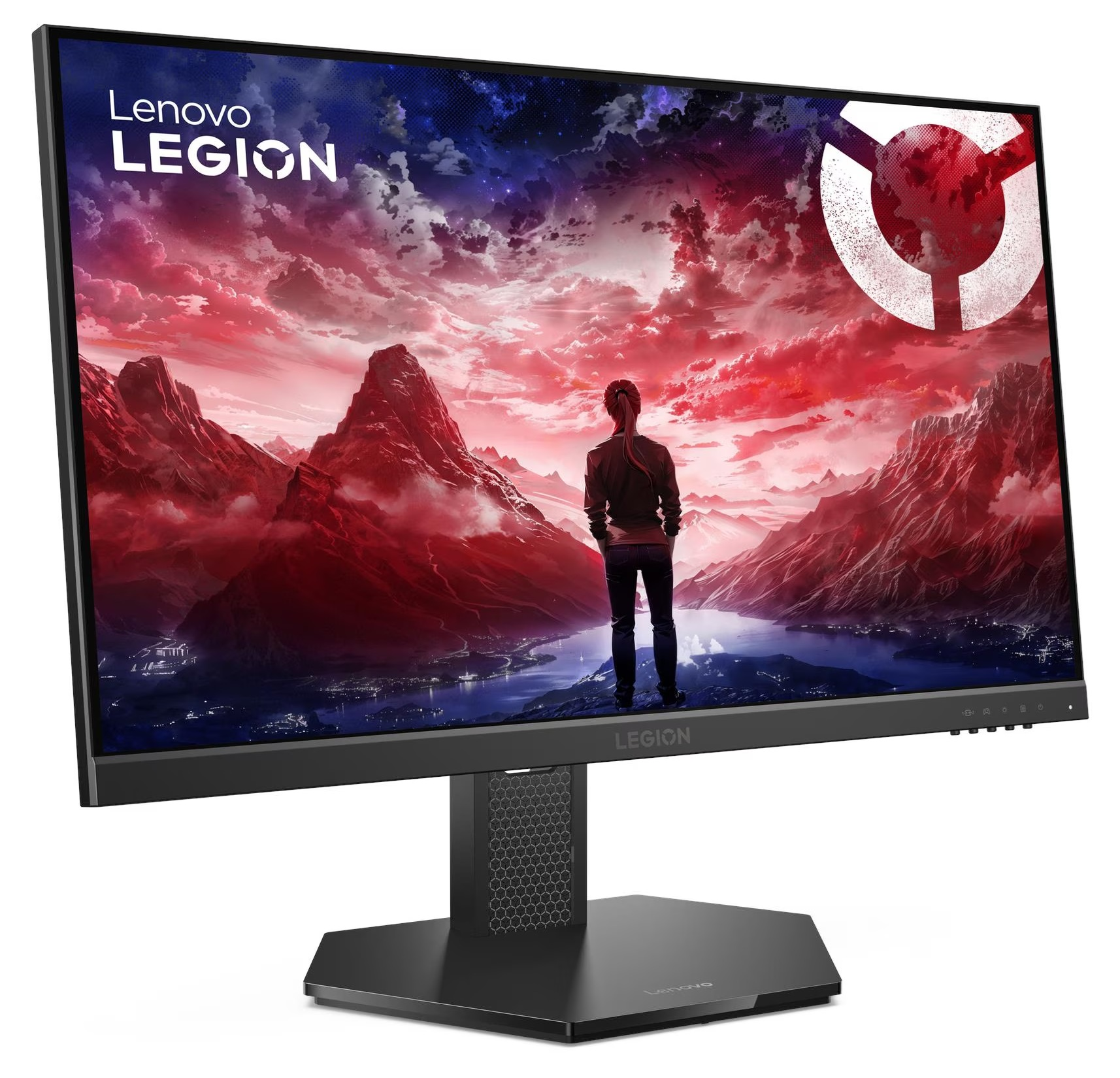 Monitor Lenovo Legion wyświetla osobę patrzącą na górski krajobraz z czerwonym i niebieskim niebem. Monitor jest czarny.