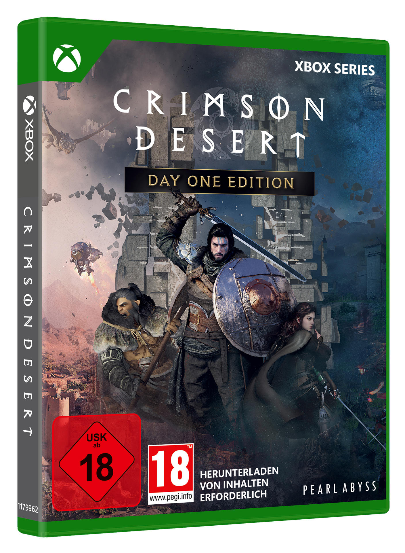 Spielcover für Crimson Desert. Zeigt Charaktere mit Waffen, einem Schild und einer Festung im Hintergrund. Xbox Series Logo.