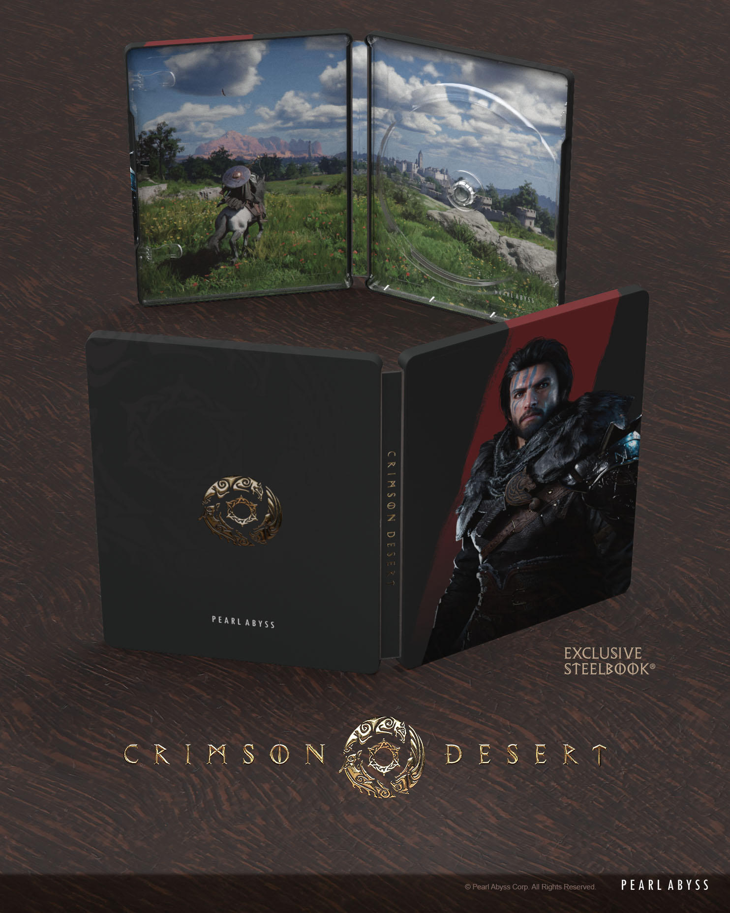 Steelbook-Hülle für das Spiel Crimson Desert. Enthält Spielkunst, Charakterporträts und Landschaftsbilder.
