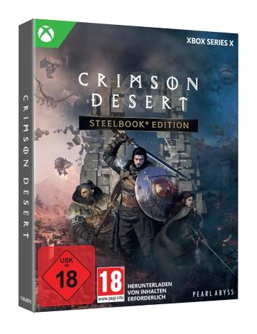 Spielbox für Crimson Desert Steelbook Edition. Ein Krieger mit Schwert und Schild steht im Zentrum. Die Box ist mit Xbox Series X beschriftet.