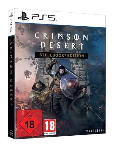 Crimson Desert Steelbook Edition für PS5. Ein Krieger hebt ein Schwert. Ein Schild, Figuren und ein roter 18-Rating-Aufkleber sind sichtbar.