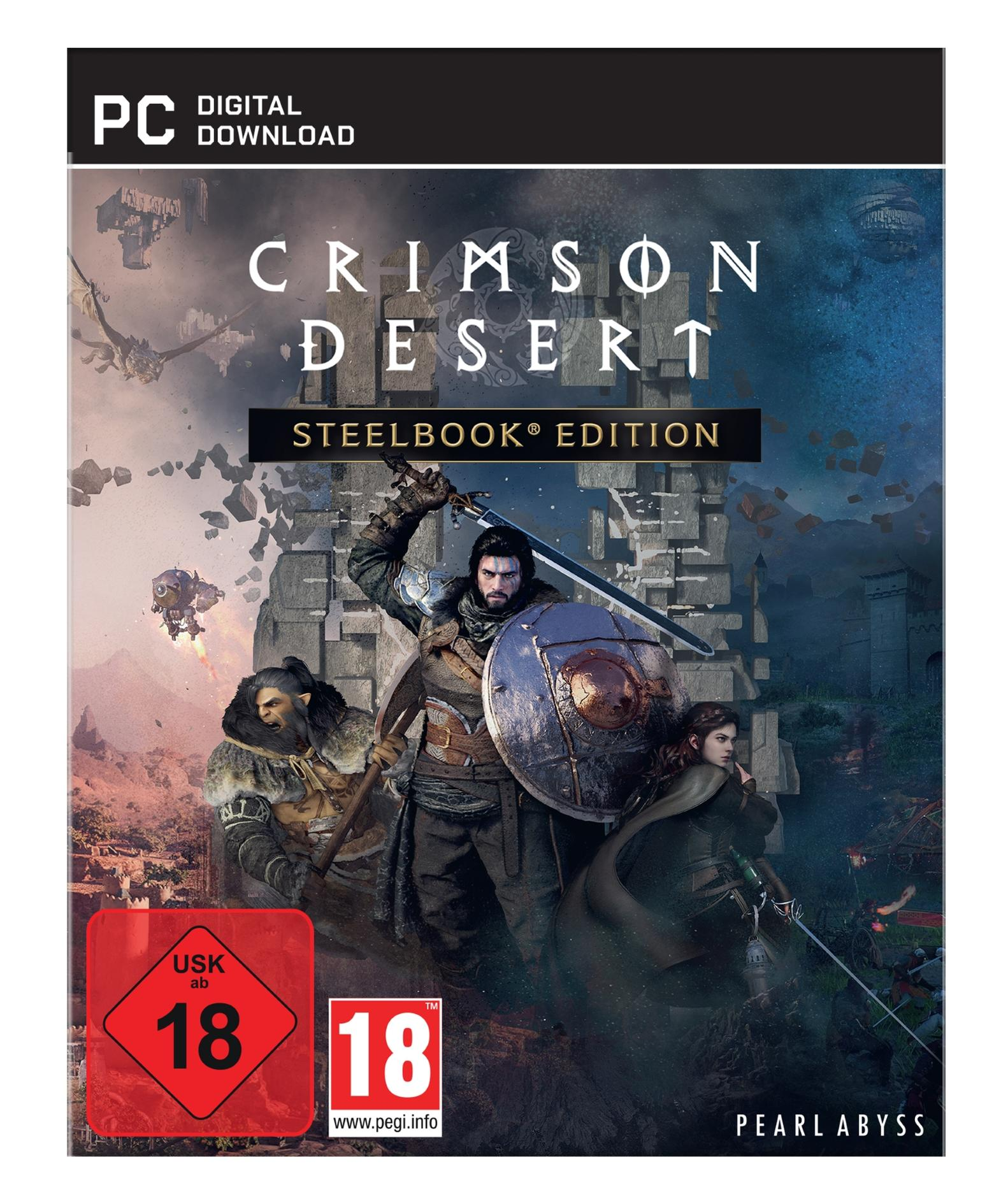 Cover-Art für das Spiel Crimson Desert. Ein Krieger mit Schwert und Schild steht mit zwei anderen, einem Wüstenhintergrund.