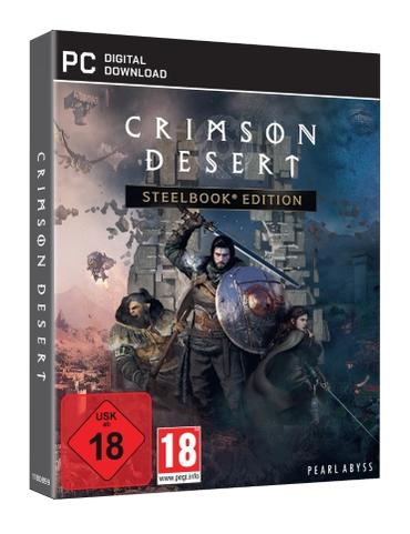 Spielbox-Art für Crimson Desert Steelbook Edition. Zeigt Krieger mit Waffen, einem Schild und einem Wüstenhintergrund.