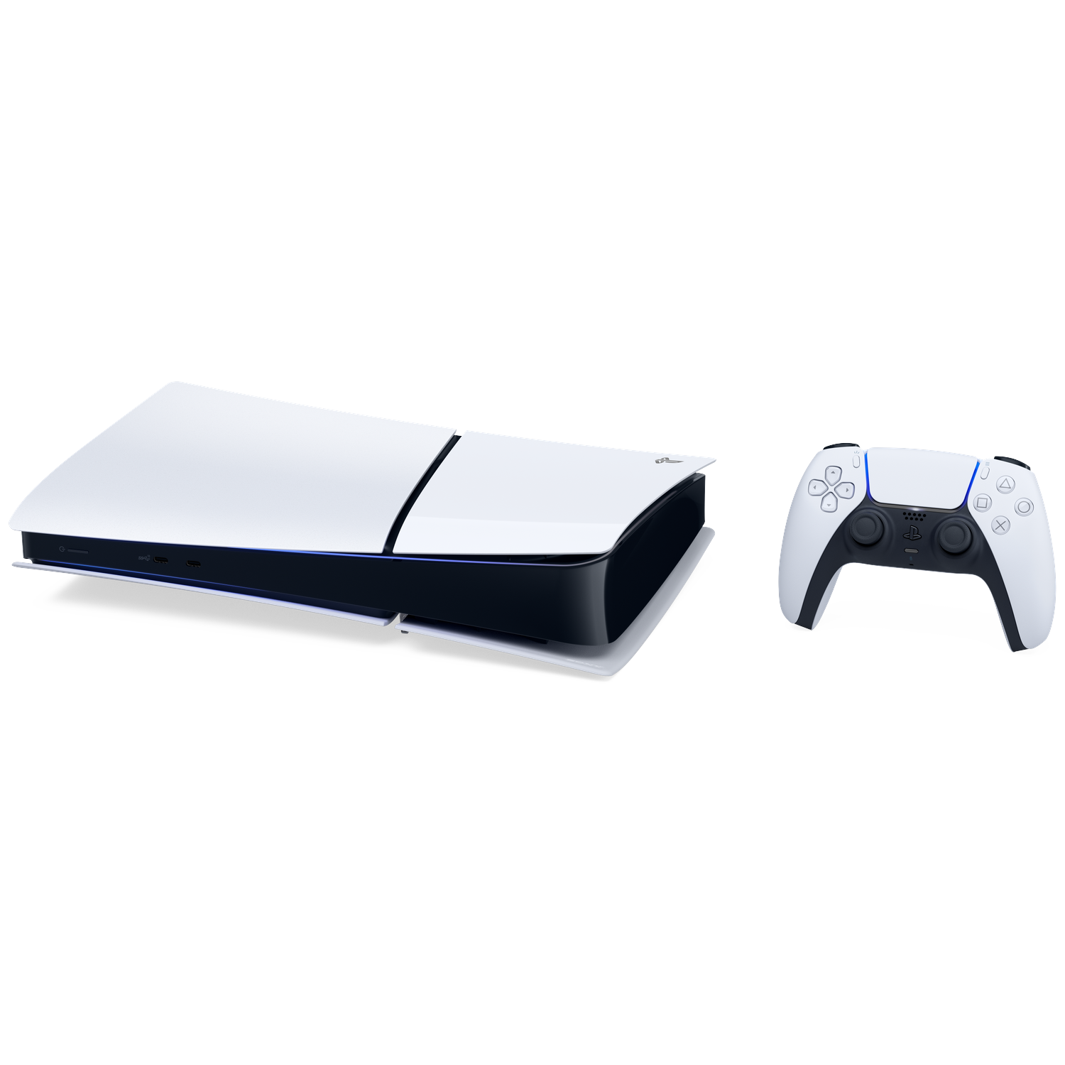 Une console PlayStation 5 blanche et une manette assortie sur fond blanc. La console est sur le côté.