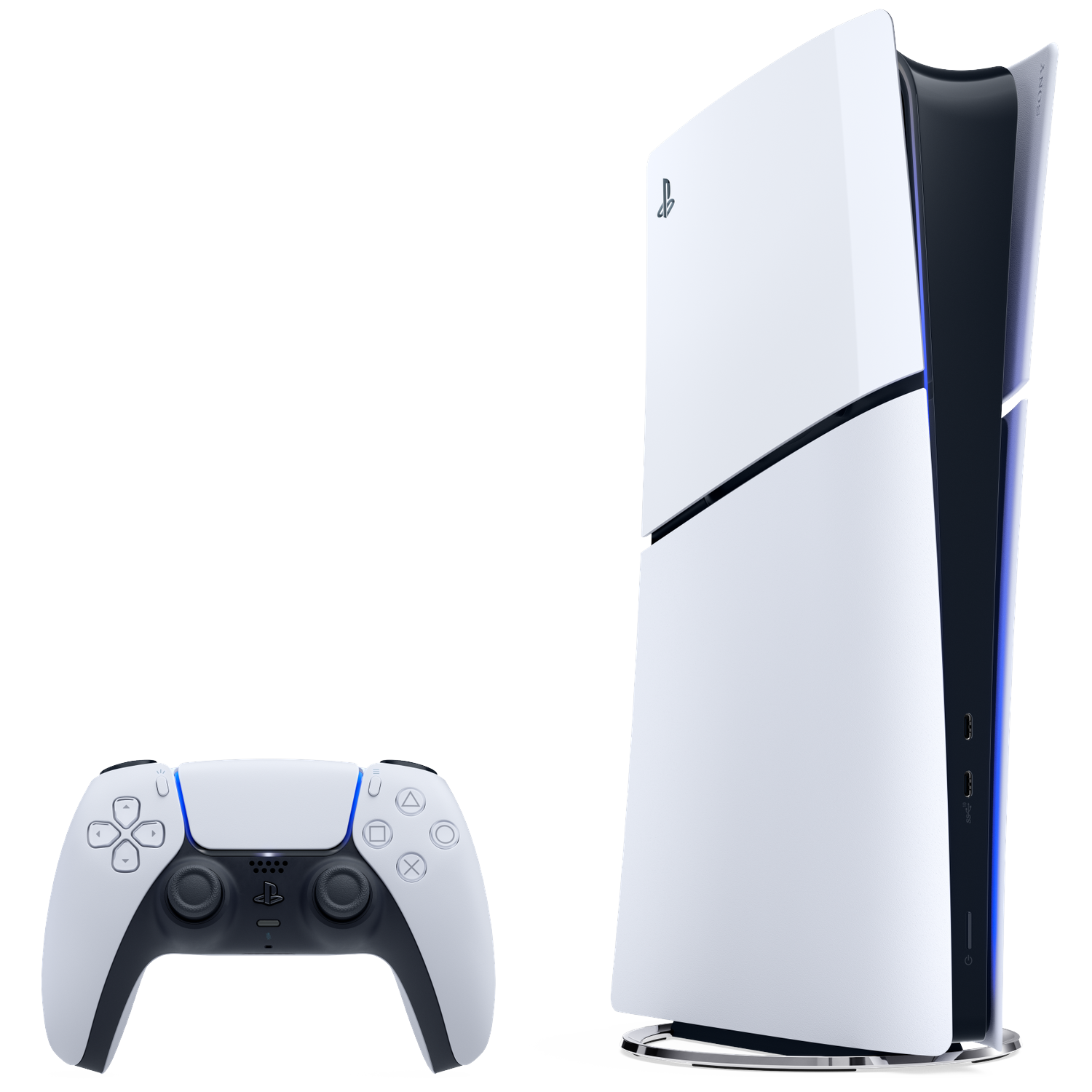 Une console et une manette blanches de PlayStation 5. La console est verticale. La manette est blanche avec des touches noires.