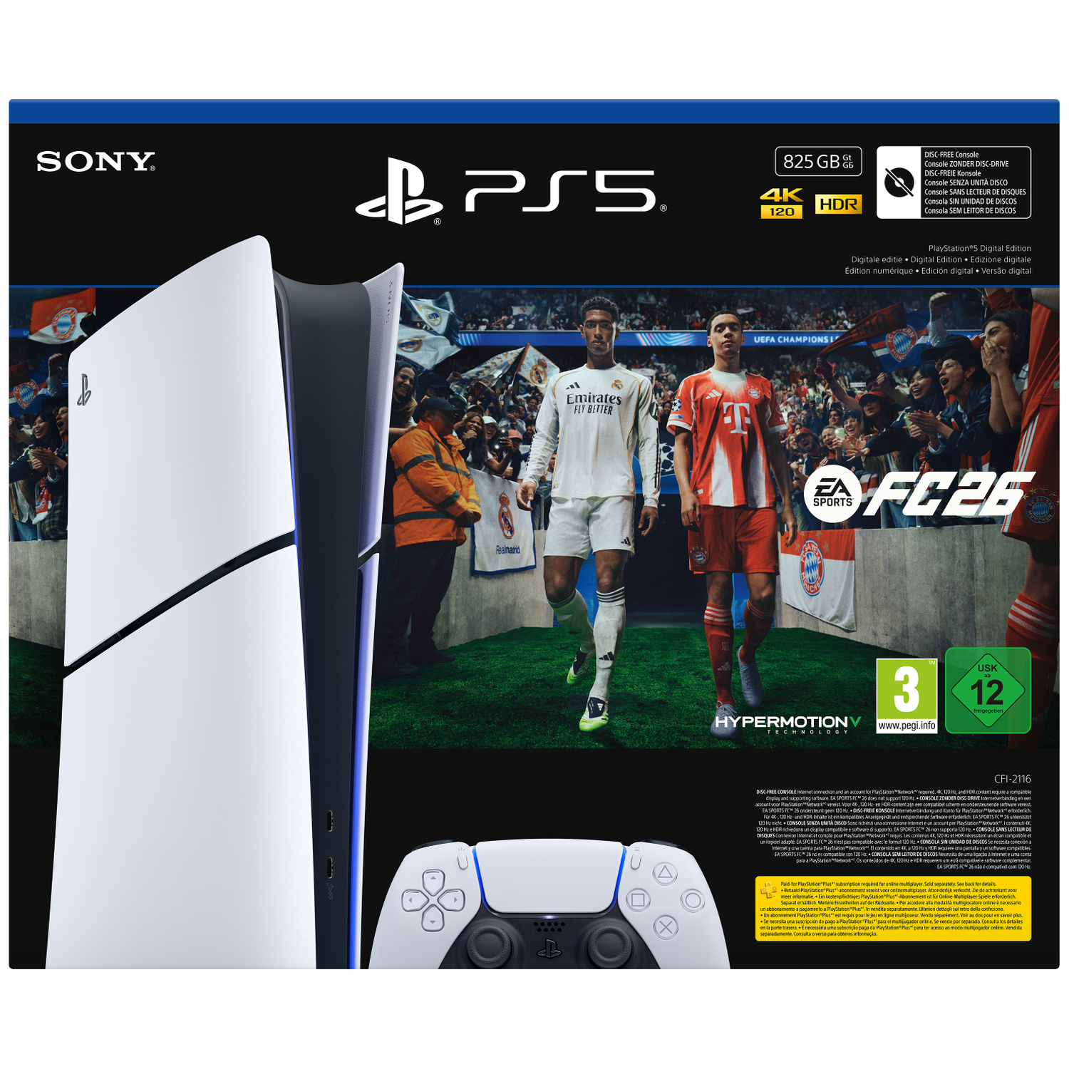 Une boîte PlayStation 5 blanche et noire avec deux joueurs de football et une manette blanche.