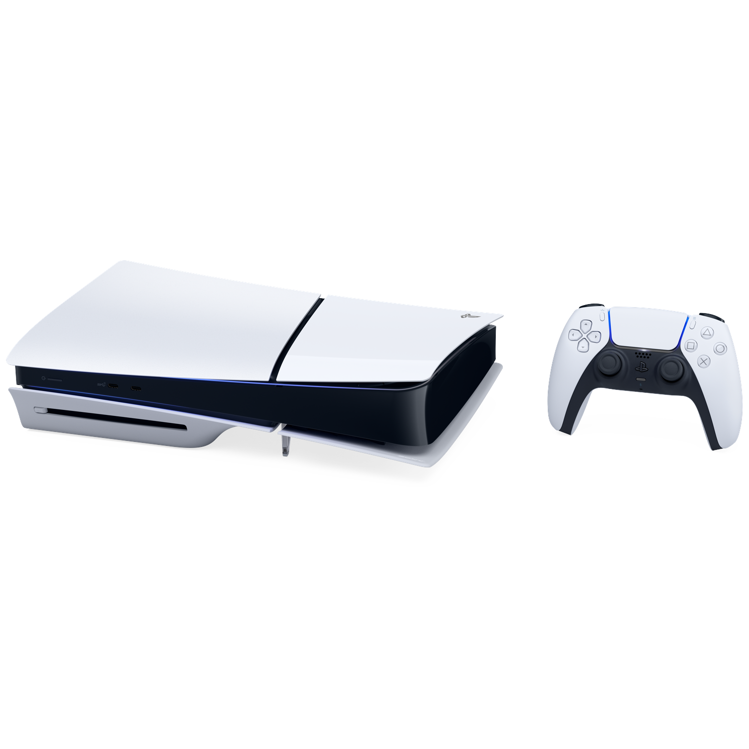 A white PlayStation 5 console and a matching controller are displayed on a white background. The console is horizontal.