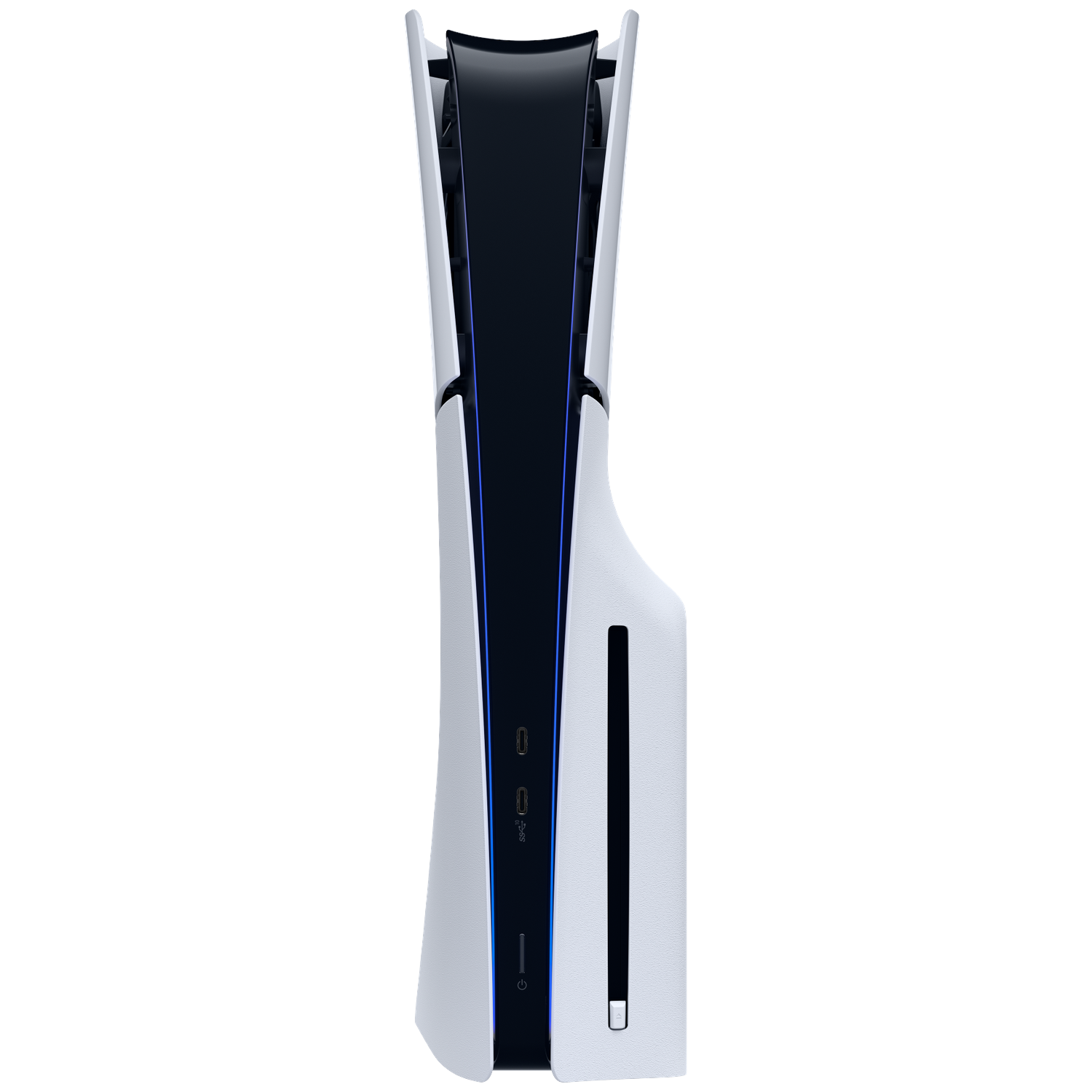A white and black PlayStation 5 console, side view. Features a black center, white sides, and ports visible. The power button is lit.