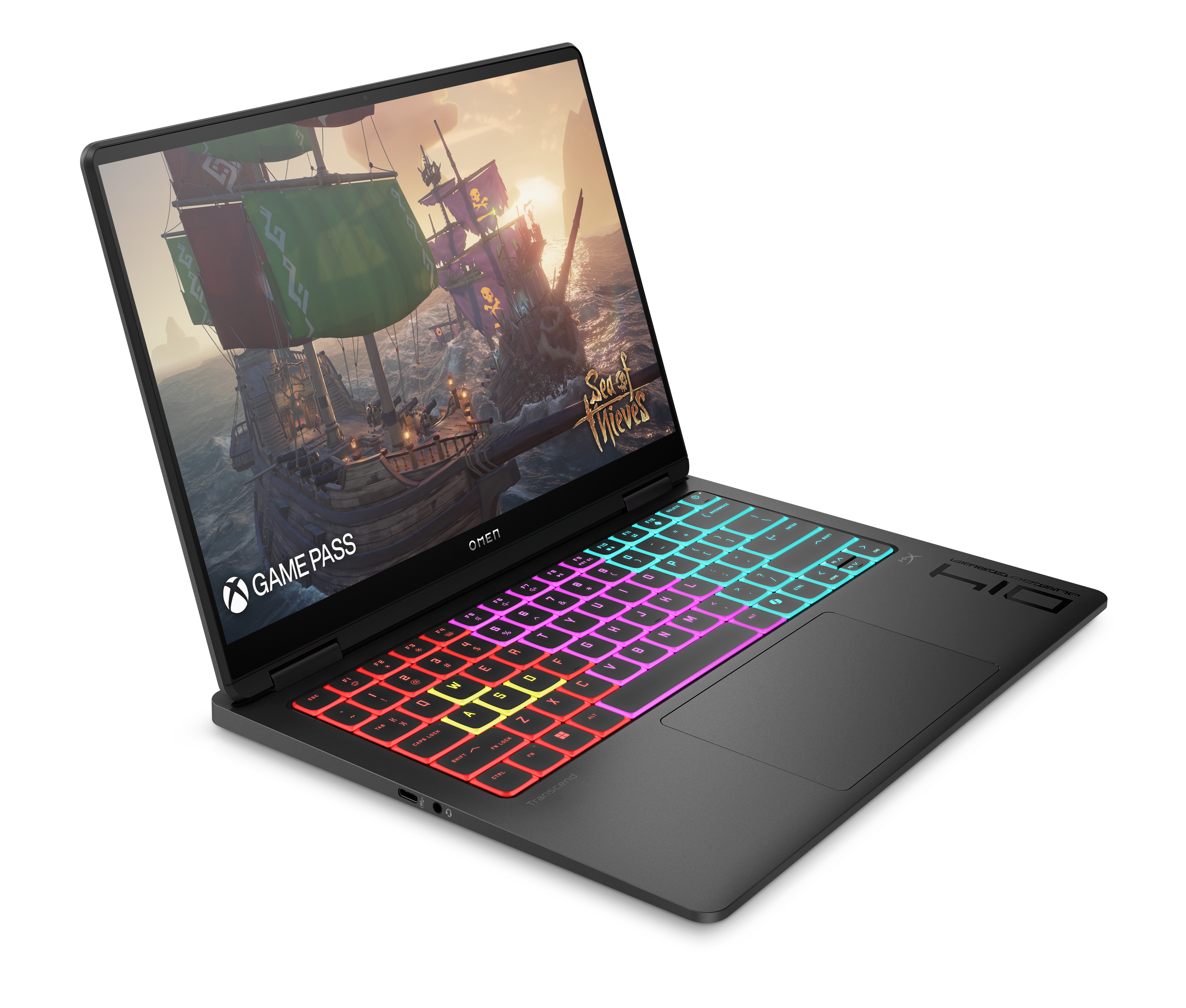 Un ordinateur portable affiche un bateau pirate d'un jeu. Le clavier a des lumières colorées. Les logos Omen et Game Pass sont visibles.