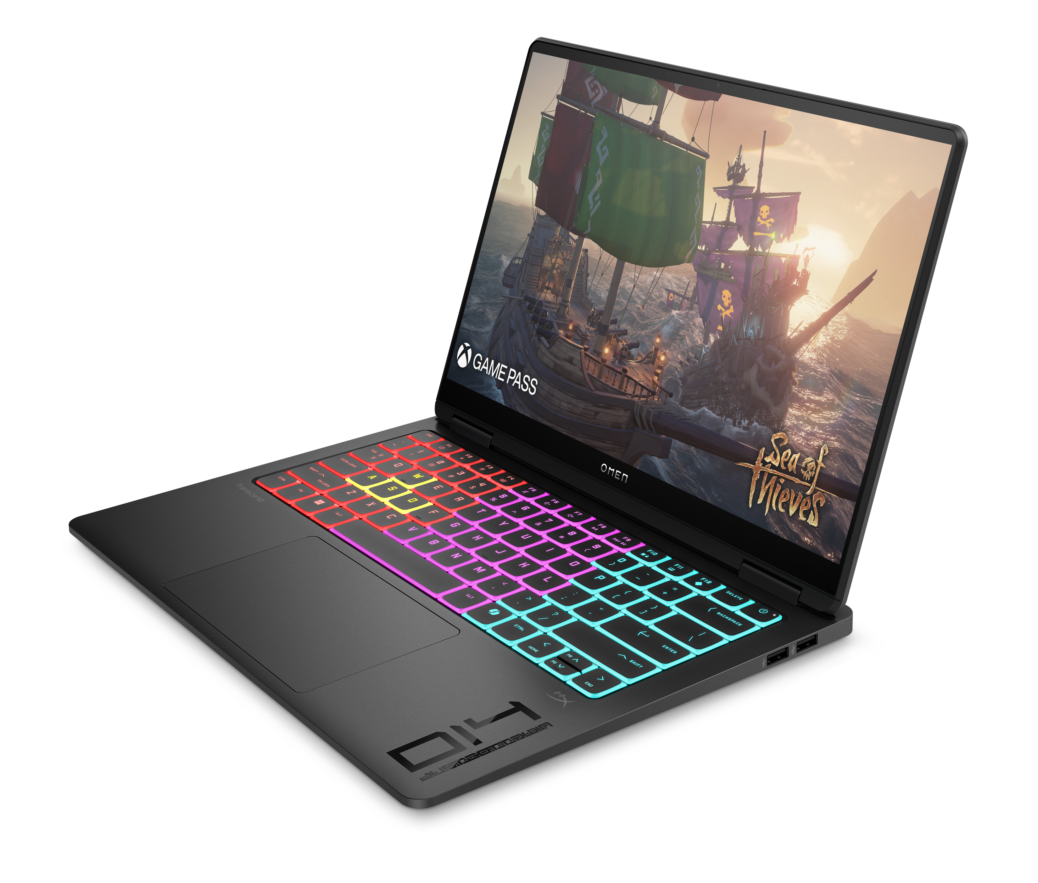 Ordinateur portable avec écran de jeu, clavier coloré, et le titre 'Sea of Thieves'. Logo OMEN visible.