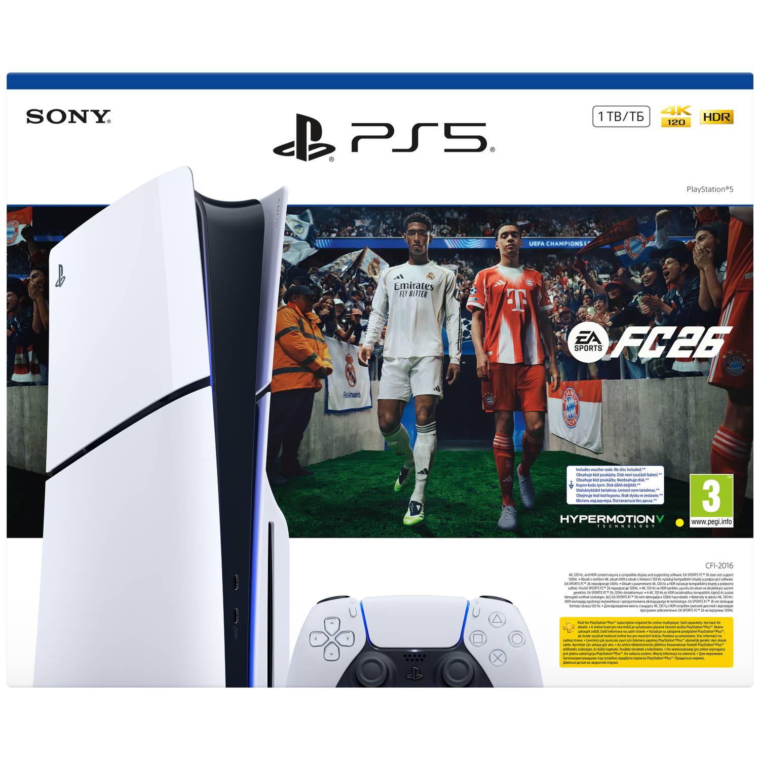 PS5 console, controller, and FC26 game box. Features soccer players and the Sony logo.