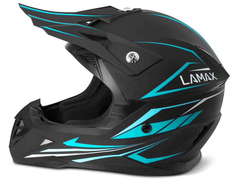 Fekete és türkiz motocross sisak. A "LAMAX" márkanévvel és türkiz, fehér díszítő mintákkal.