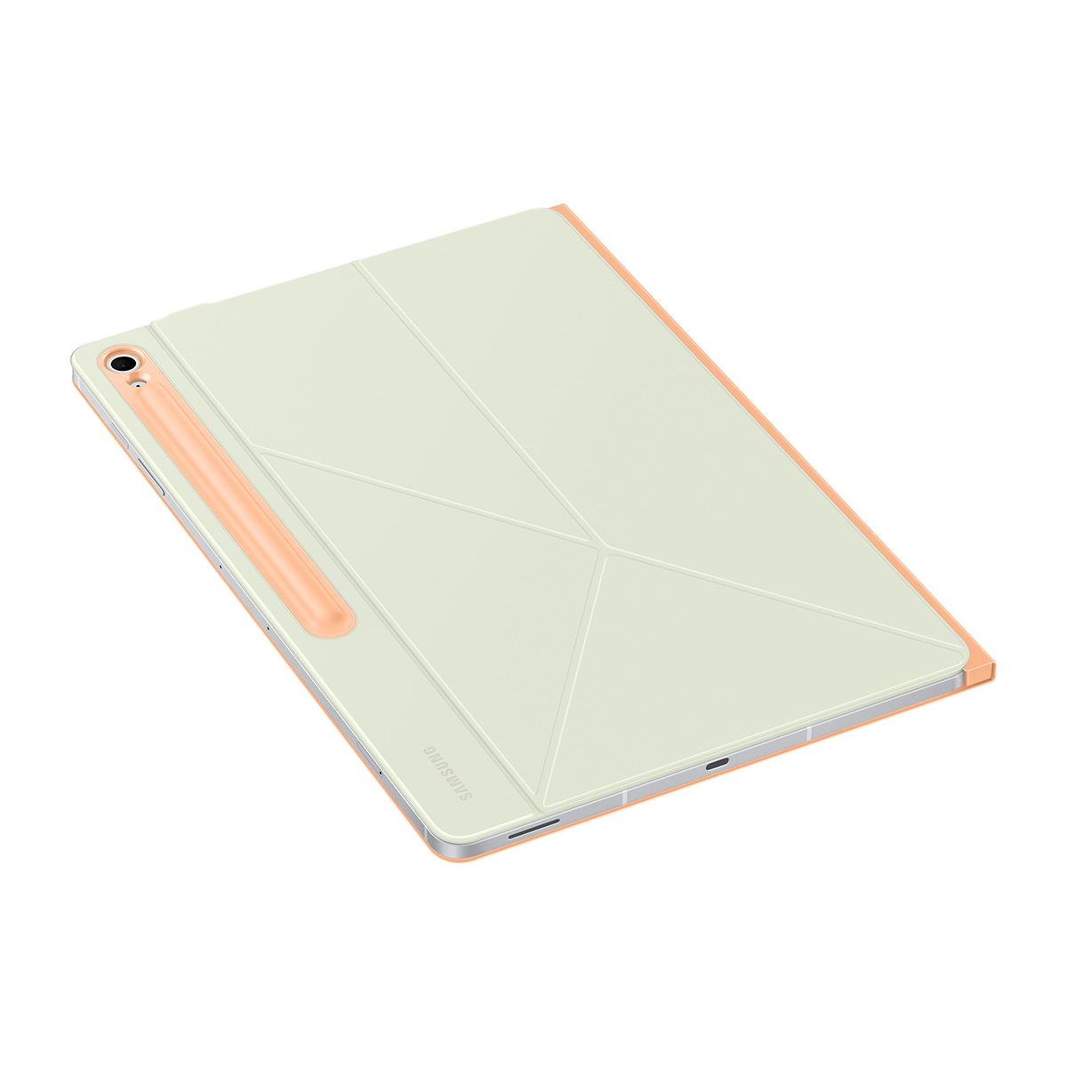 Açık yeşil kapaklı ve şeftali renkli kalem tutuculu bir tablet. Kapak, geometrik desenlerle katlanmıştır. Arka plan beyazdır.