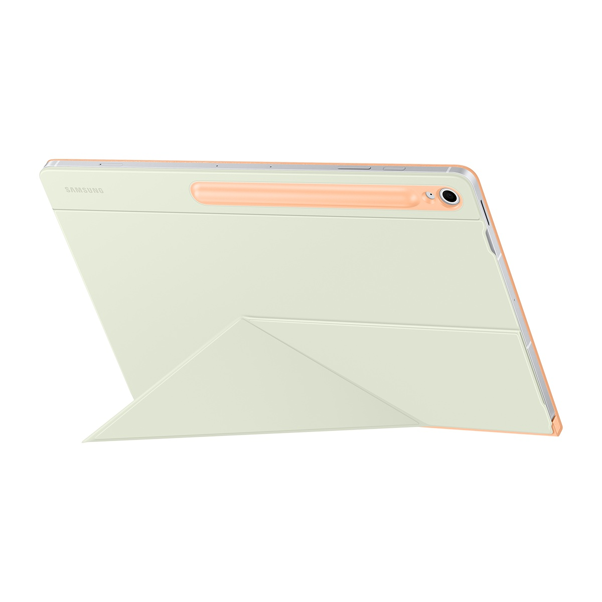 Açık yeşil kılıf ve turuncu detaylara sahip bir tablet. Kılıf, tableti desteklemek için katlanmıştır.