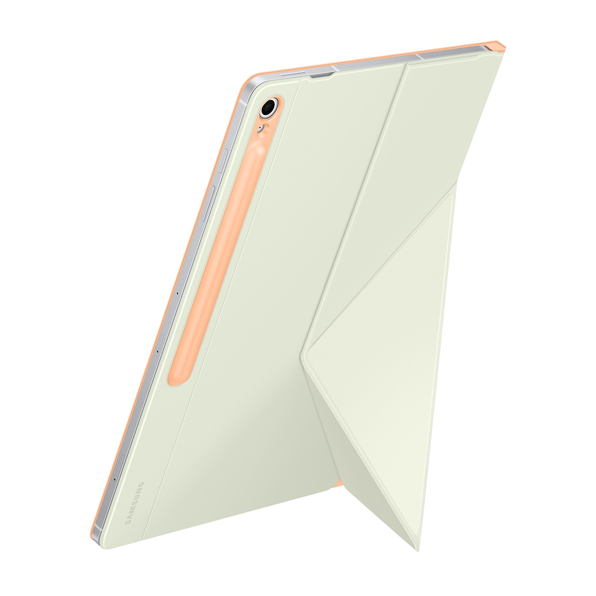 Açık yeşil kapaklı ve turuncu detaylı tablet, tabletin ayakta durması için kapak katlanmış.