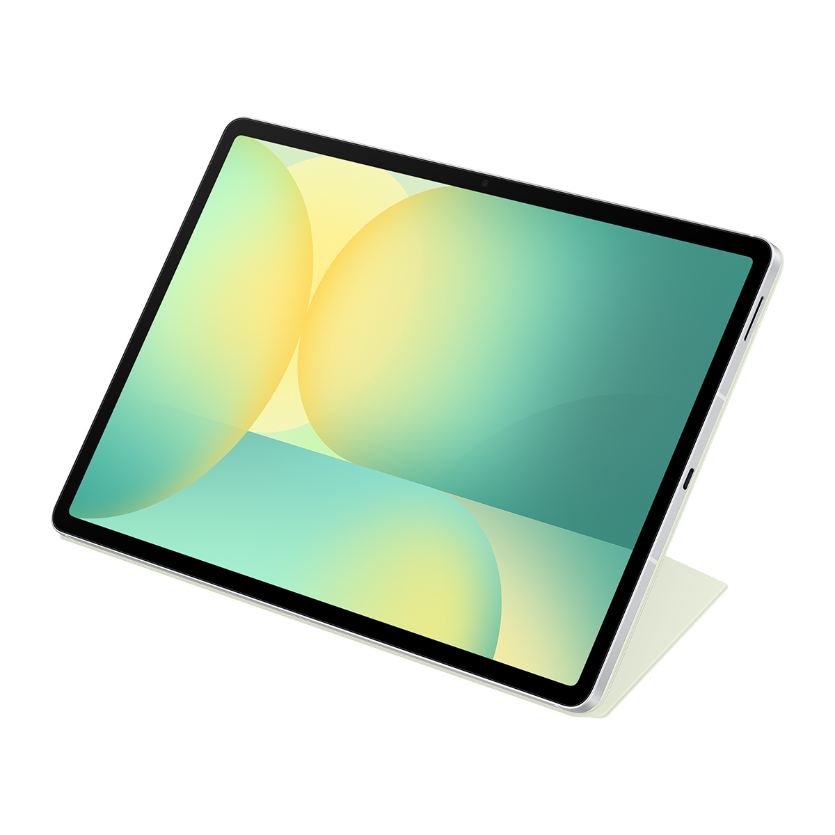 Yeşil ve sarı gradyan ekrana sahip bir tablet hafifçe açık, açık yeşil bir kapakla destekleniyor, hepsi beyaz bir arka plan üzerinde.