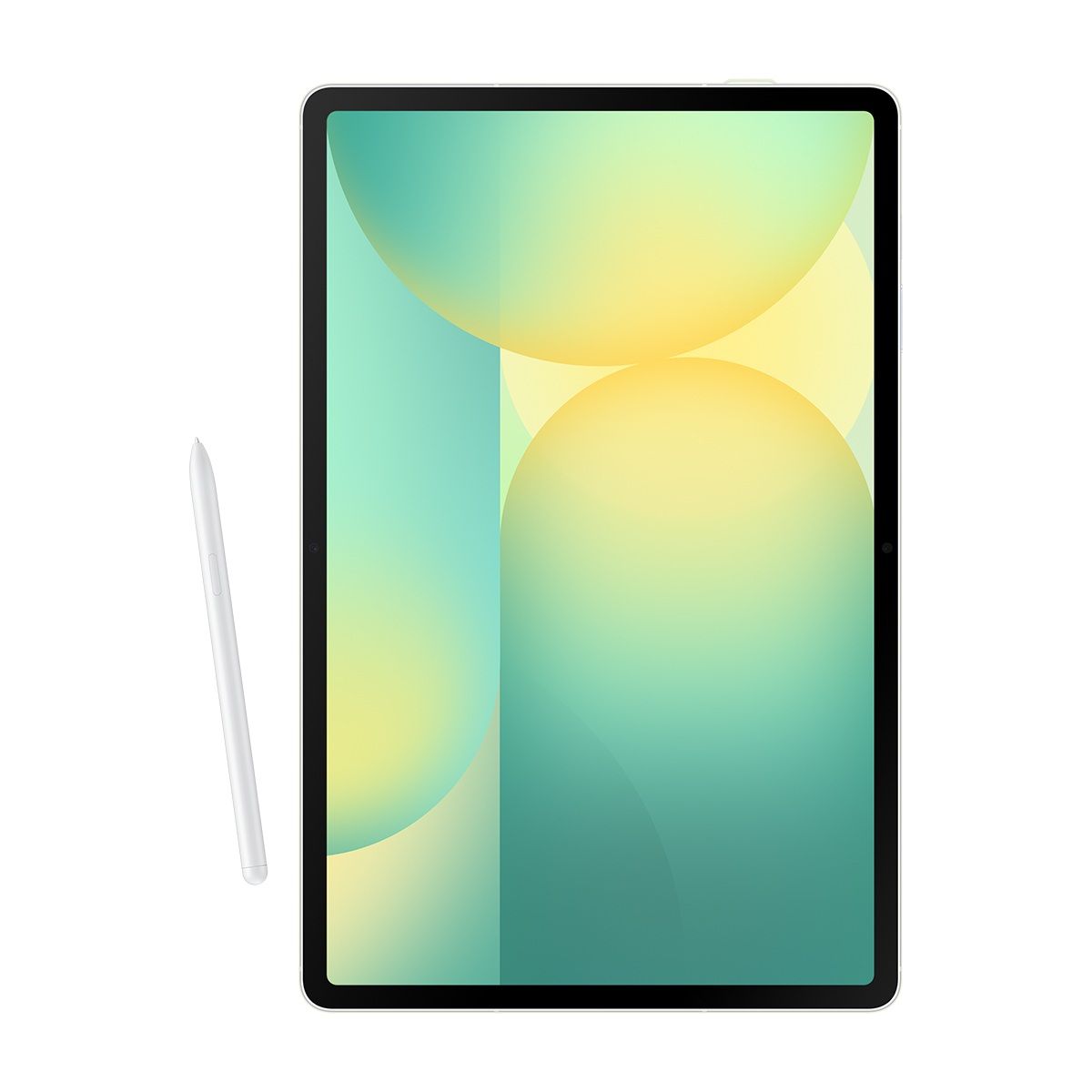 Beyaz arka planda bir tablet ve kalem. Tablet, sarı ve yeşil geçişi görüntüler. Kalem beyazdır.