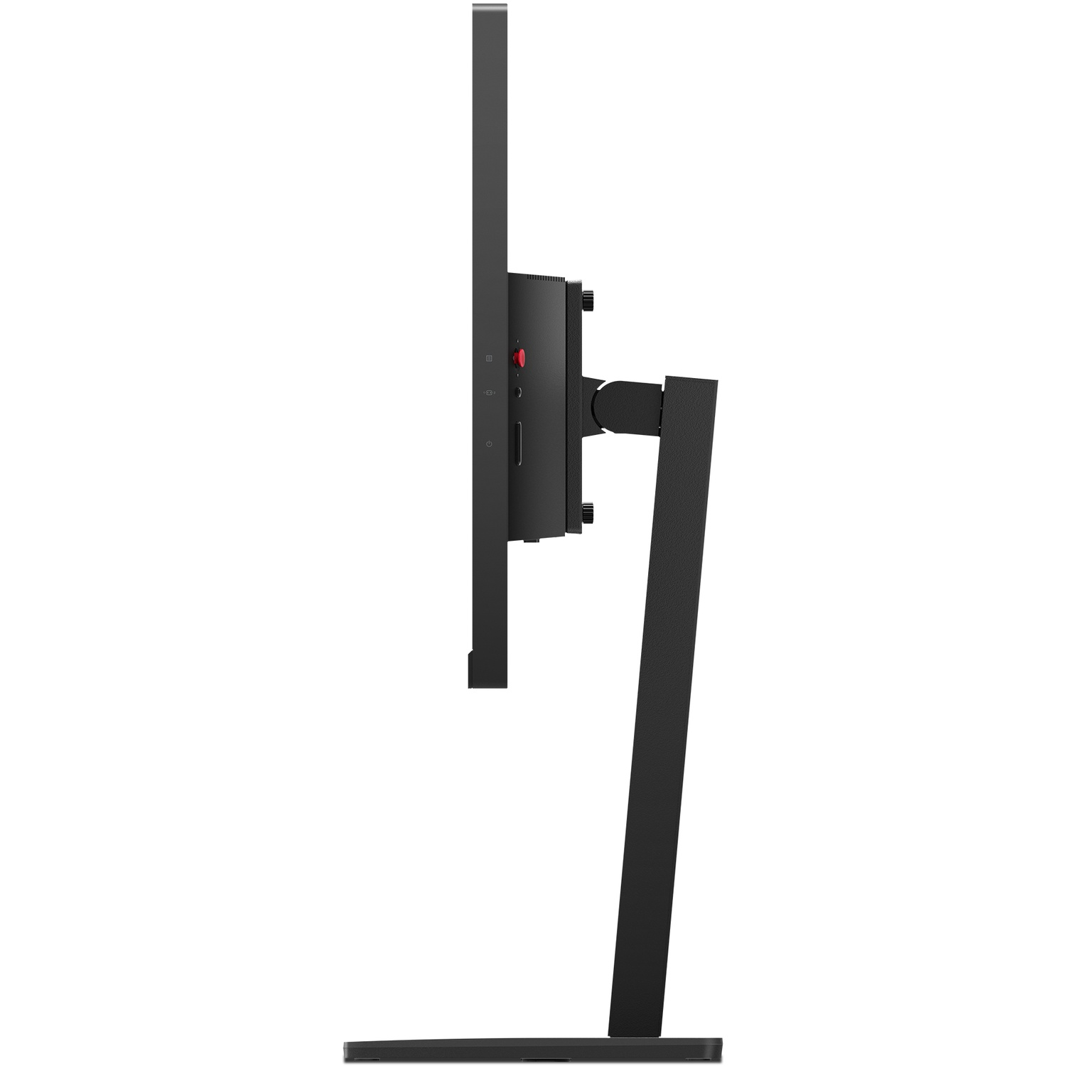 Side view of a black computer monitor. It has a stand and a slim design. The screen is black, with ports on the side.