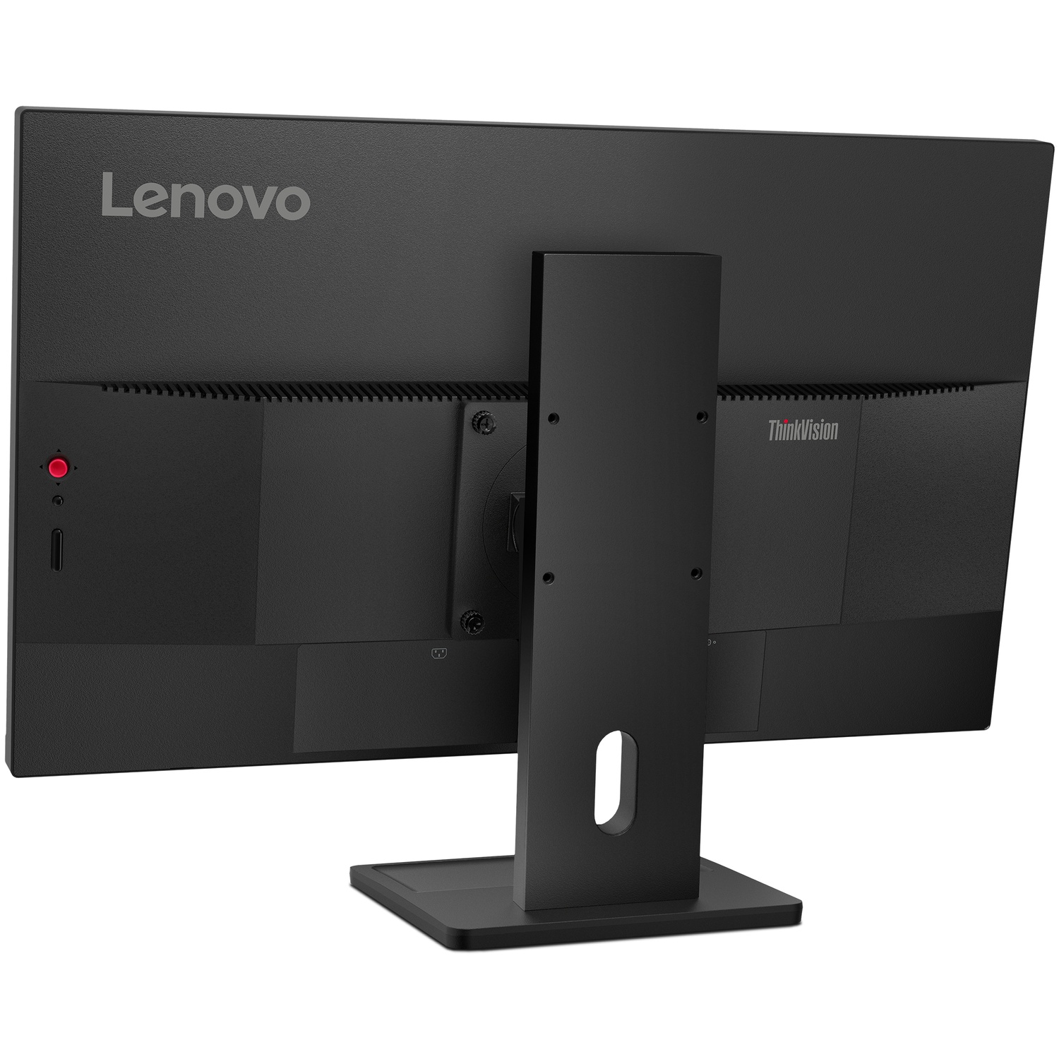 Back of a black Lenovo ThinkVision monitor. Features Lenovo logo and a stand. Includes ports and a power button.
