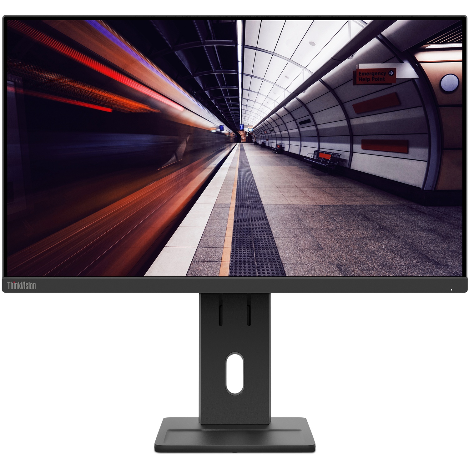 Monitor displaying a train station scene. Motion blur of train lights on the left, a tunnel on the right, and the monitor stand.
