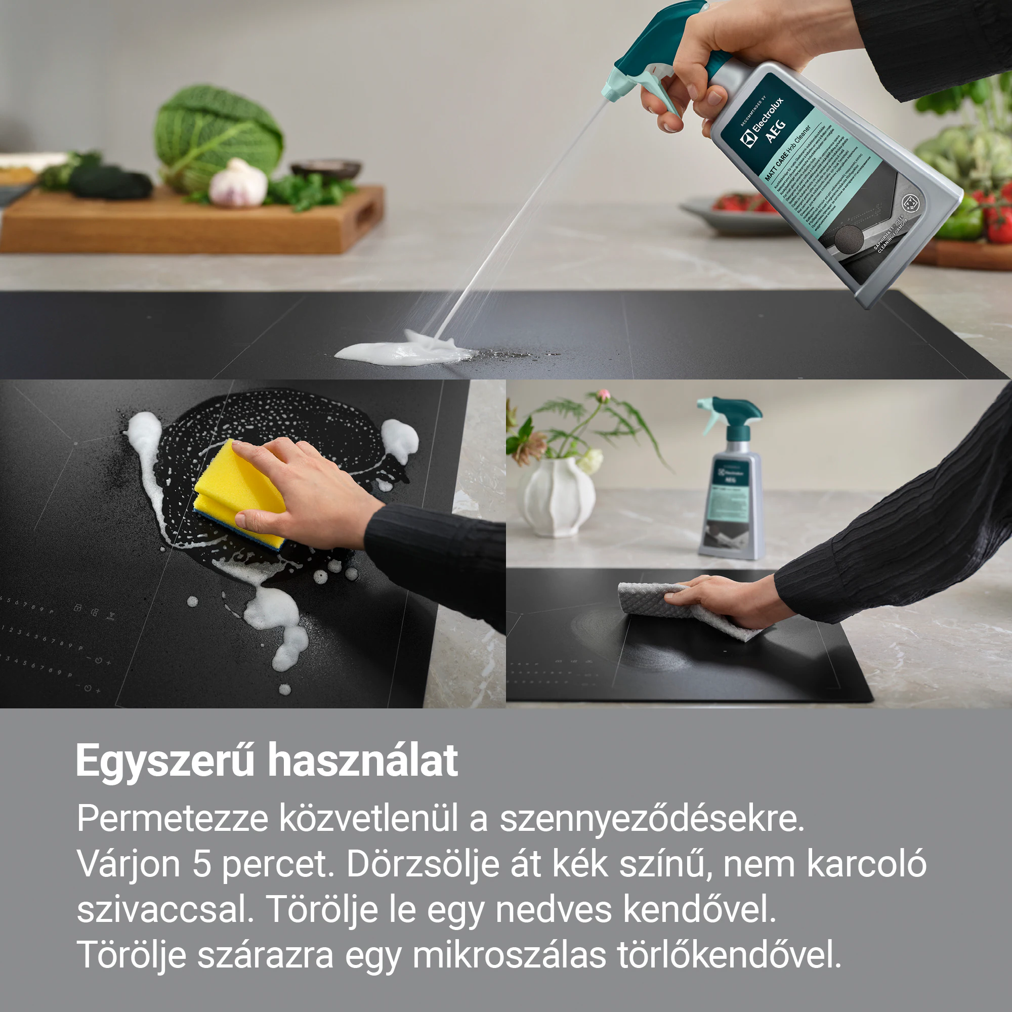 Egy személy tisztítószert permetez, majd letöröl egy fekete főzőlapot. Zöldségek és tisztítószeres üveg a háttérben.
