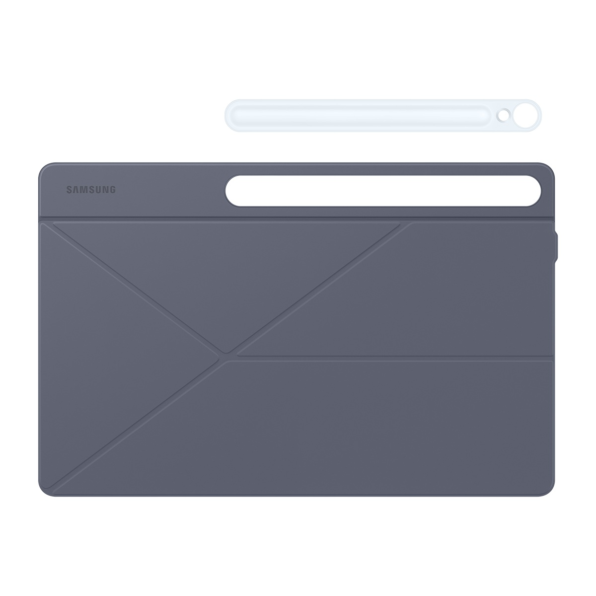 Beyaz arka plan üzerinde gri bir Samsung tablet kılıfı ve kalem. Kılıfın bir kesimi ve Samsung logosu var.
