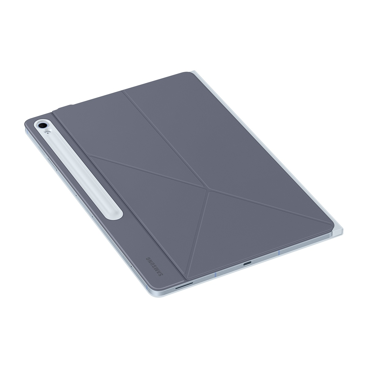 Gri bir tablet, kapak ve beyaz kalem. Kapak katlanmış ve Samsung logosu var. Tablet beyaz bir arka plan üzerinde.